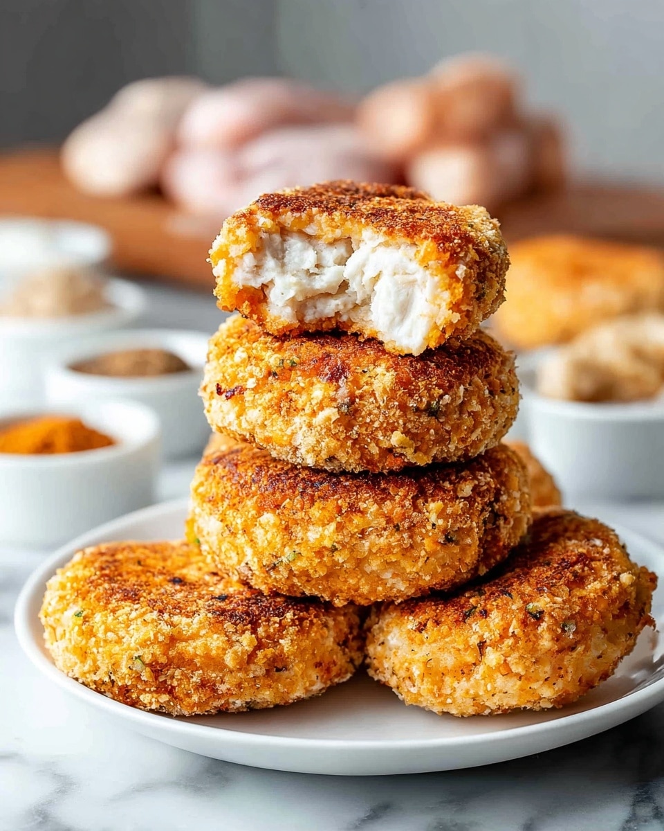 A close-up of a round croquette with a crunchy, golden brown crumb coating on the outside. The croquette is cut open to show a soft, creamy white filling inside with a slightly grainy texture. It sits on a smooth white plate along with two more whole croquettes in the background, slightly out of focus. There is a small sprig of green garnish behind the croquette in focus. A few breadcrumb crumbs are scattered on the plate around it. The plate is placed on a white marbled surface. photo taken with an iphone --ar 4:5 --v 7