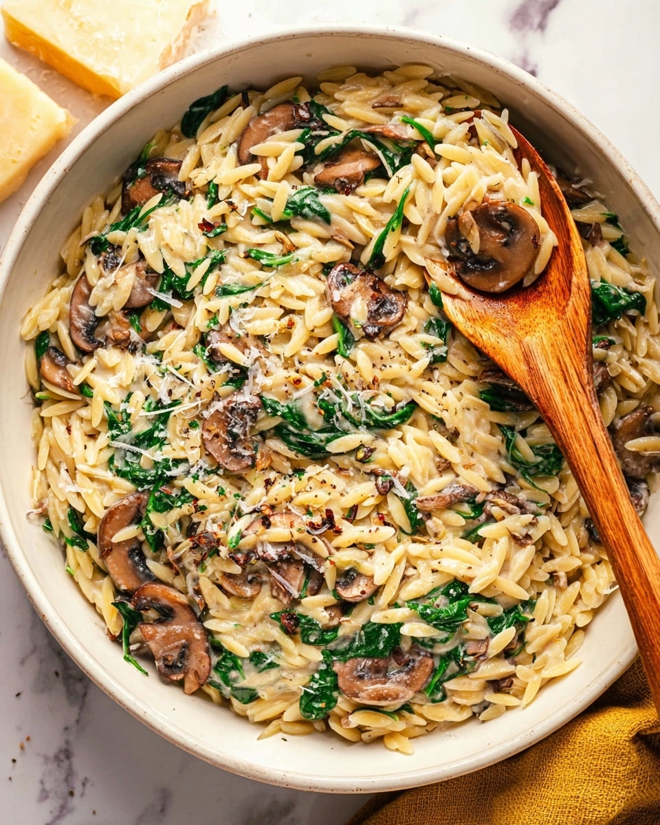 A bowl filled with creamy orzo pasta mixed with green spinach leaves and brown sautéed mushroom slices resting on top and throughout the dish. The orzo is light yellow with a slightly glossy texture, while the spinach is bright green and wilted. The mushrooms have a rich brown color with a tender, cooked look. The bowl is white and set on a white marbled surface with a few whole mushrooms and spinach leaves scattered nearby. photo taken with an iphone --ar 4:5 --v 7