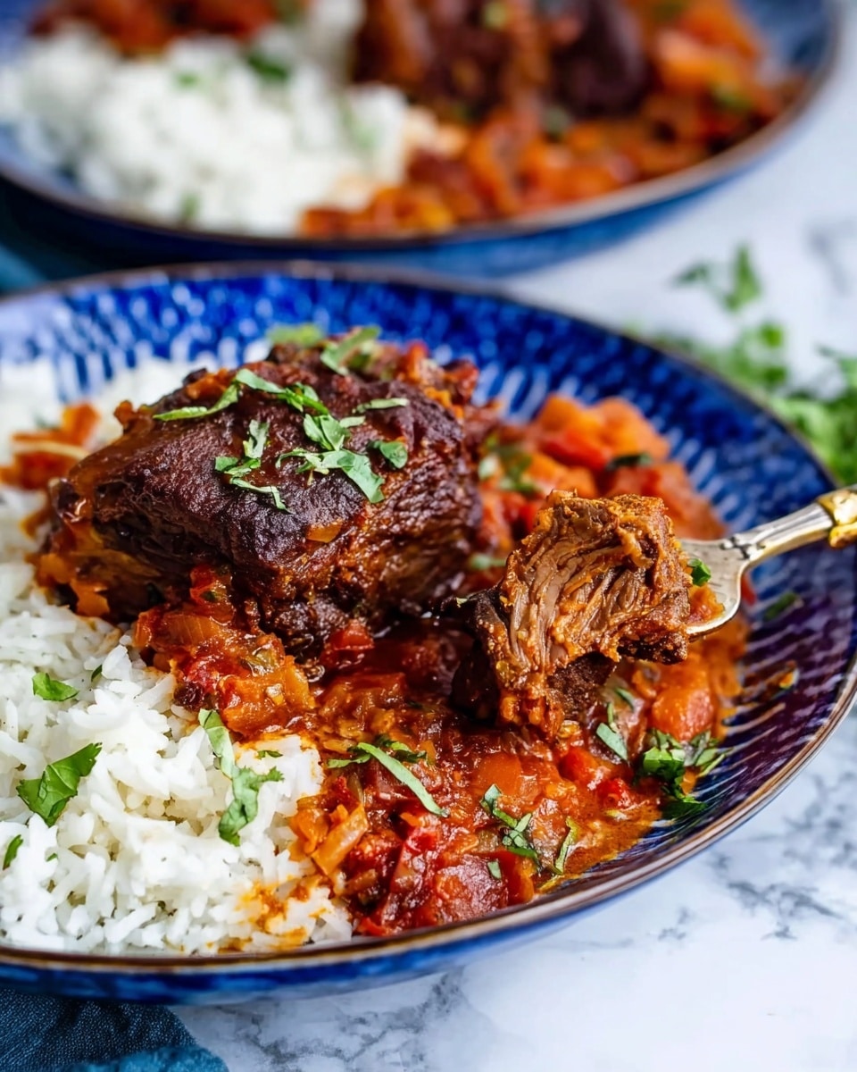 The image shows a round white pan filled with four large pieces of dark brown, richly cooked meat ribs with a slightly charred texture. The ribs rest in a thick, glossy reddish-brown sauce with visible chunks of cooked tomatoes and herbs. Small green parsley leaves and red chili flakes are sprinkled over the ribs, adding color contrast. In the top left corner, part of a white bowl filled with fluffy white rice garnished with green herbs is visible. The background has a white marbled texture. photo taken with an iphone --ar 4:5 --v 7