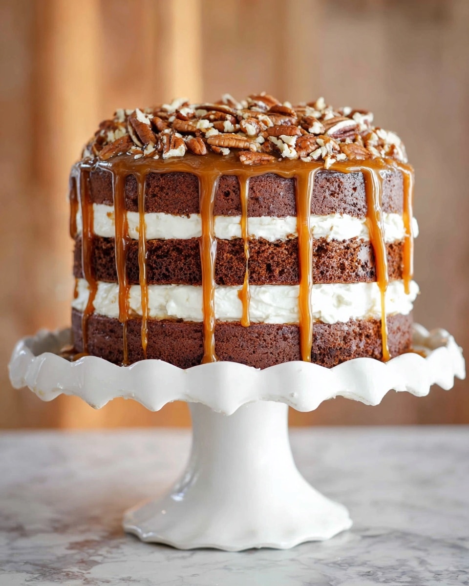 A tall slice of layered cake with three thick layers of moist brown cake separated by two layers of light cream frosting, topped with a generous drizzle of glossy caramel sauce that flows down the sides. The top layer of cream is covered with chunky pieces of toasted pecans, adding texture and color contrast against the smooth caramel and cream. The slice sits on a white plate with a silver fork partially visible, all placed on a white marbled surface. photo taken with an iphone --ar 4:5 --v 7