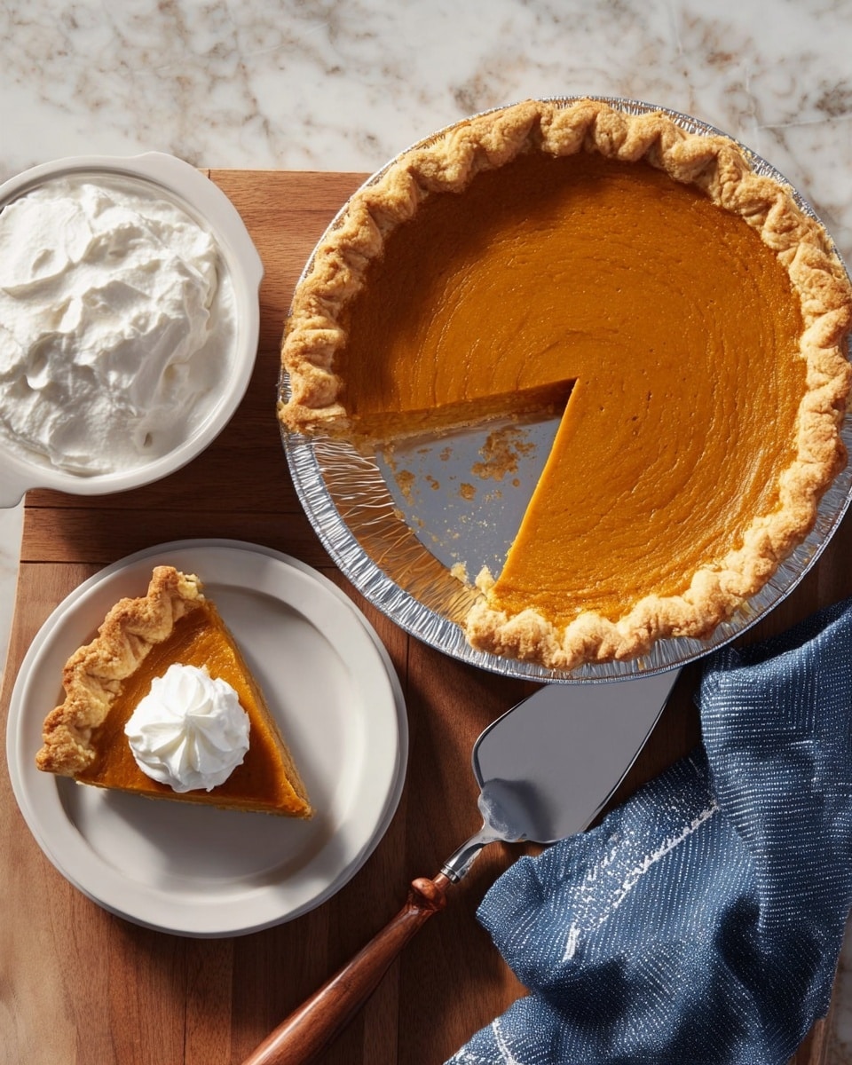The image shows a pumpkin pie with a thick, smooth orange filling inside a golden-brown flaky crust that has a crimped edge. One slice has been cut out and placed on a white plate nearby, topped with a dollop of white whipped cream. There is a bowl filled with more whipped cream above the plate. The pie and plate rest on a wooden board next to a shiny metal pie server with a brown handle. A blue and white cloth napkin is draped on the right side over a white marbled surface. Photo taken with an iphone --ar 4:5 --v 7