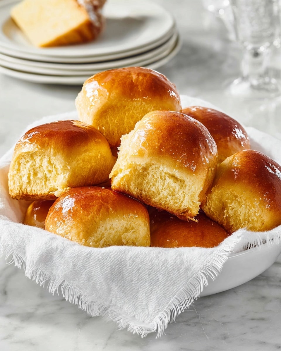 The image shows three soft bread rolls on a round white plate placed on a dark blue cloth over a white marbled surface. Two of the rolls are whole with a golden-brown top and soft edges. The third roll is split open, showing the fluffy, light inside texture with a thick layer of creamy butter spread on the bottom half. The bread appears soft and fresh with an inviting fluffy texture. Photo taken with an iphone --ar 4:5 --v 7