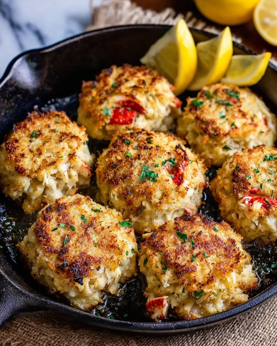 A round baked dish in a black cast iron skillet sits on a wooden board over a white marbled surface, showing a golden brown crispy top layer with green herb pieces sprinkled across it. One slice is cut out, revealing thick layers inside made of shredded white meat mixed with small bits of herbs and creamy sauce. Two lemon wedges and a folded light blue cloth are placed blurred in the background. photo taken with an iphone --ar 4:5 --v 7