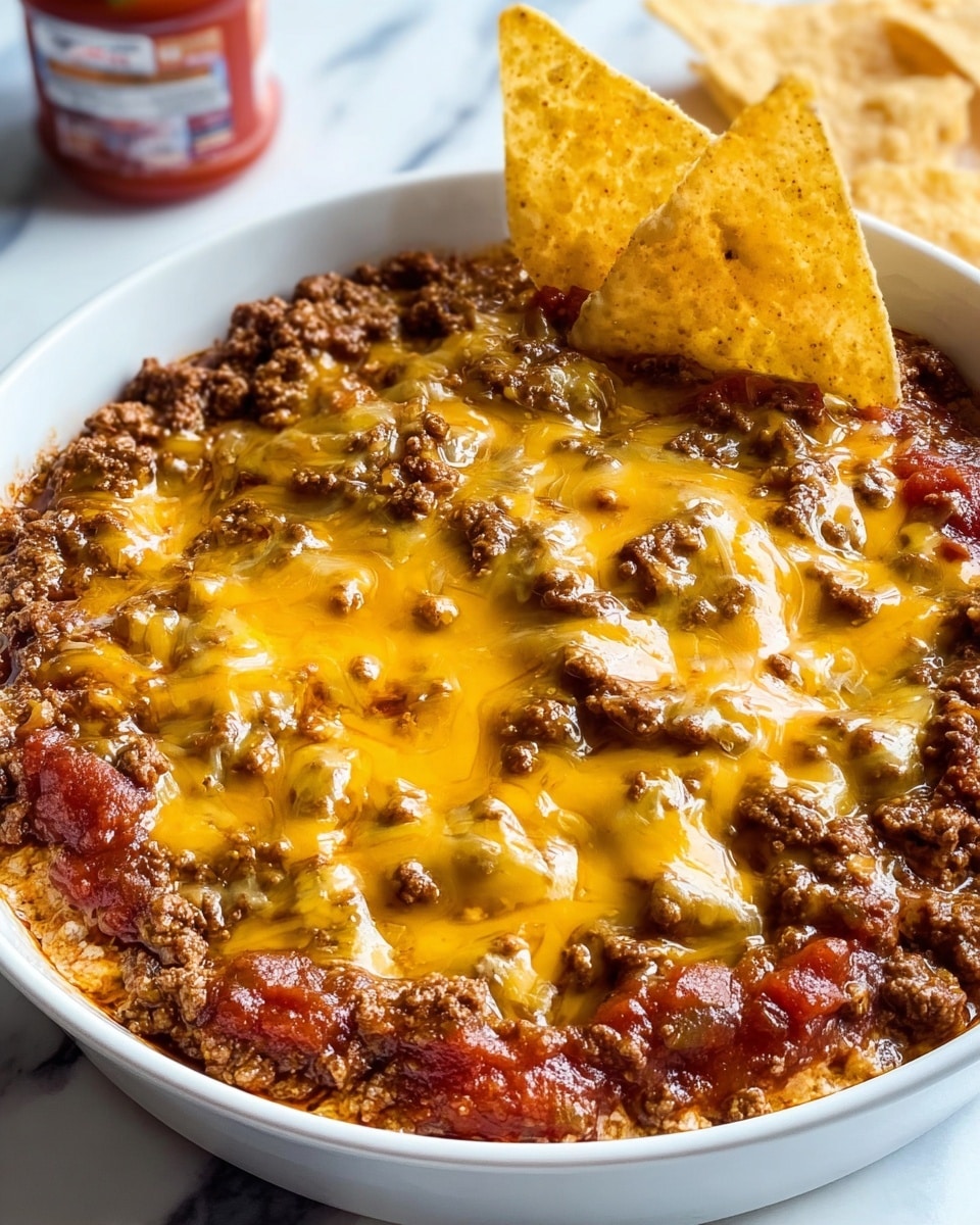 A close-up image of a white round dish filled with a layered dip, showing a base layer of diced tomatoes and melted yellow cheese topped with a thick layer of cooked, crumbly ground beef. A woman's hand is holding a chip with a scoop of the dip, highlighting gooey melted cheese stretching from the chip to the dish. The dip appears rich and chunky with a mix of brown and yellow colors, and the dish sits on a white marbled surface with a wooden board in the background. photo taken with an iphone --ar 4:5 --v 7