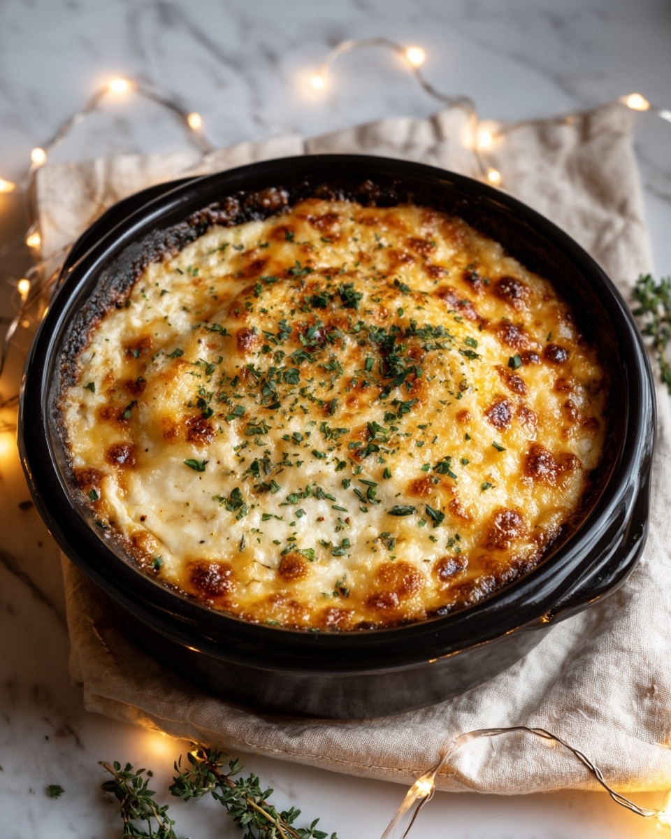 A round black baking dish filled with a thick, golden brown baked casserole that has a bubbly melted cheese layer on top, dotted with small green herb leaves evenly spread across the surface. The cheese is slightly browned in some spots, giving it a crispy texture. The dish is placed on a soft beige cloth with some green herbs scattered nearby, and small warm fairy lights add a cozy glow around it. The background is a white marbled texture. photo taken with an iphone --ar 4:5 --v 7
