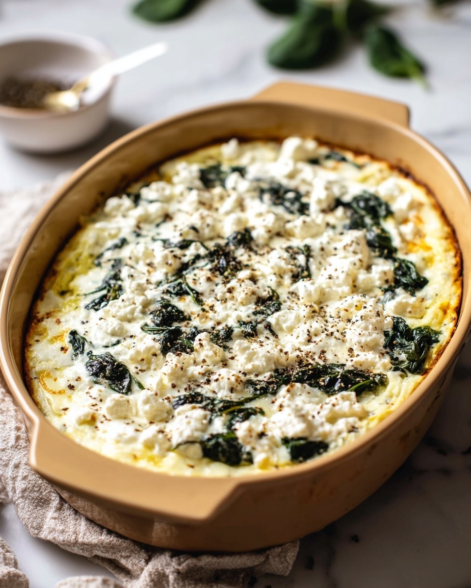 A baked casserole in a light brown dish, layered with creamy white cheese spread unevenly on top, scattered with cooked green spinach leaves, and finished with a sprinkle of cracked black pepper. The casserole’s surface looks soft and slightly browned at the edges, showing layers of a pale yellow base underneath the cheese and spinach. The dish is placed on a white marbled surface with a soft textured cloth nearby and blurred green leaves and a small white bowl in the background. Photo taken with an iphone --ar 4:5 --v 7