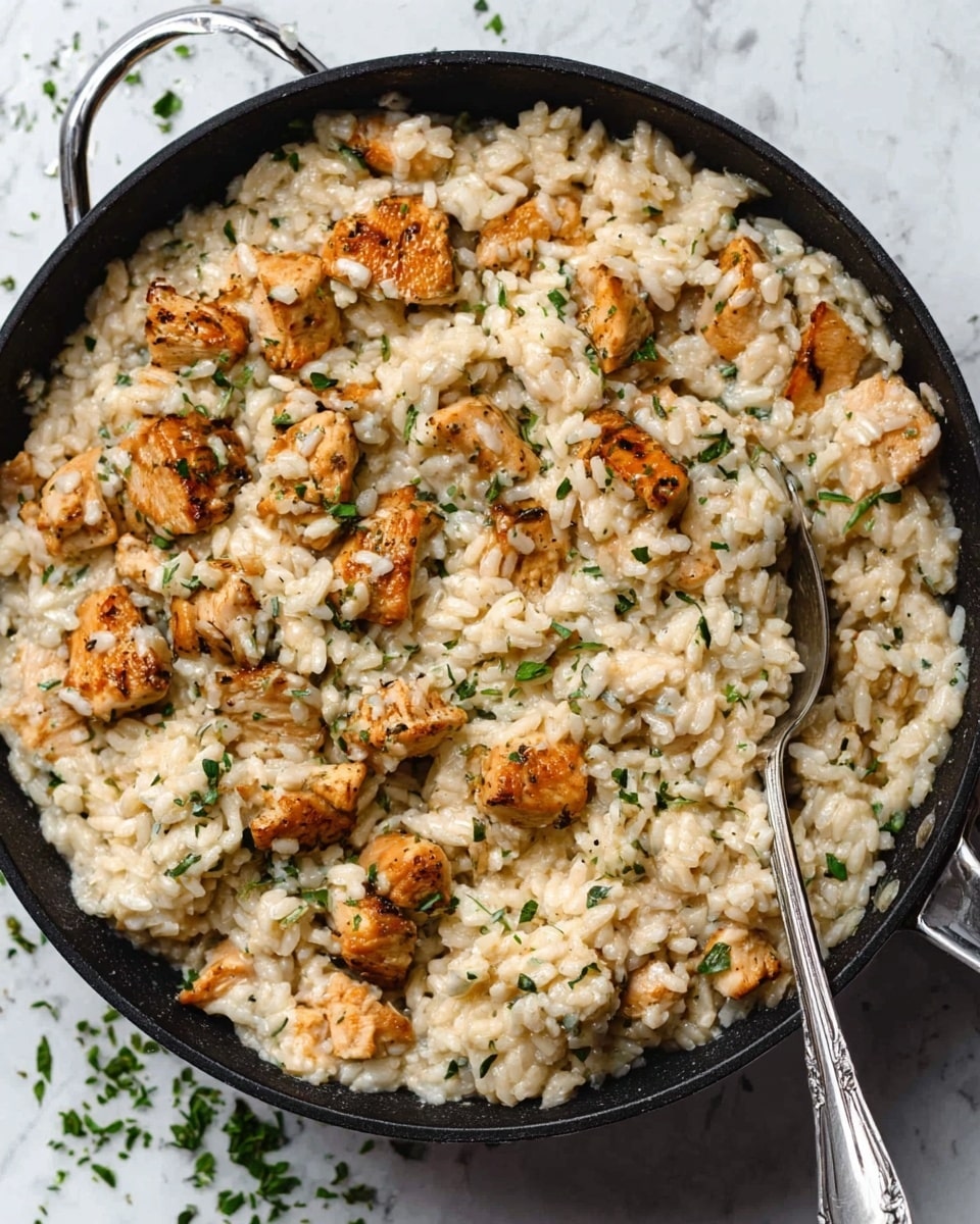 The image shows a black skillet filled with creamy risotto mixed with pieces of browned chicken. The risotto is off-white and creamy, with small bits of green herbs sprinkled on top. The chicken pieces are golden brown and spread evenly throughout the risotto. A silver spoon is resting inside the skillet on the bottom right side. The skillet is placed on a white marbled surface with a few scattered green herb leaves around it. Photo taken with an iphone --ar 4:5 --v 7