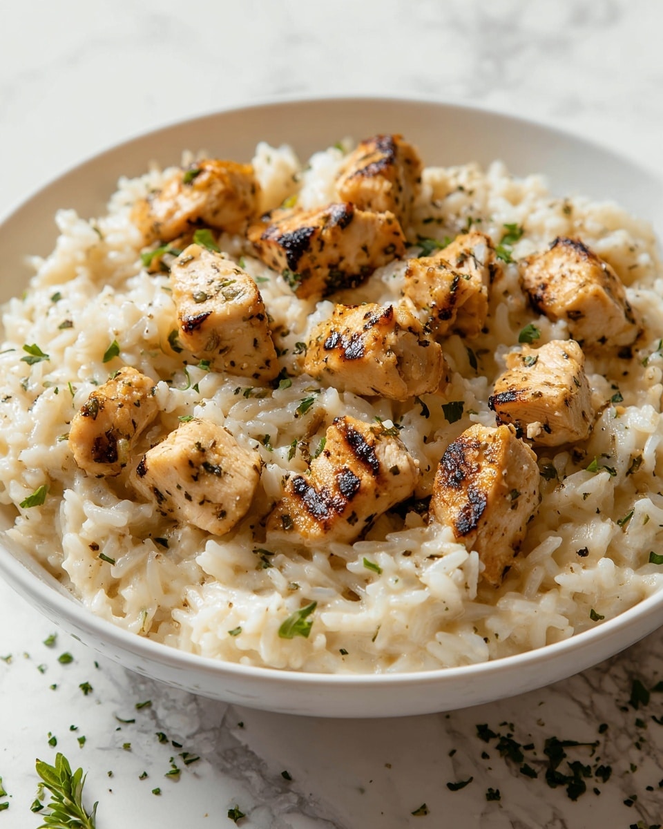 The image shows a close-up of a white bowl filled with creamy white rice mixed with small, slightly browned chunks of grilled chicken on top. The chicken pieces are golden with some black grill marks, and there are small green herb pieces sprinkled over the dish, adding a fresh touch. The texture of the rice appears soft and creamy, with the chicken pieces sitting on the surface in a casual spread. The bowl is placed on a white marbled surface with a few scattered green herbs around it. photo taken with an iphone --ar 4:5 --v 7
