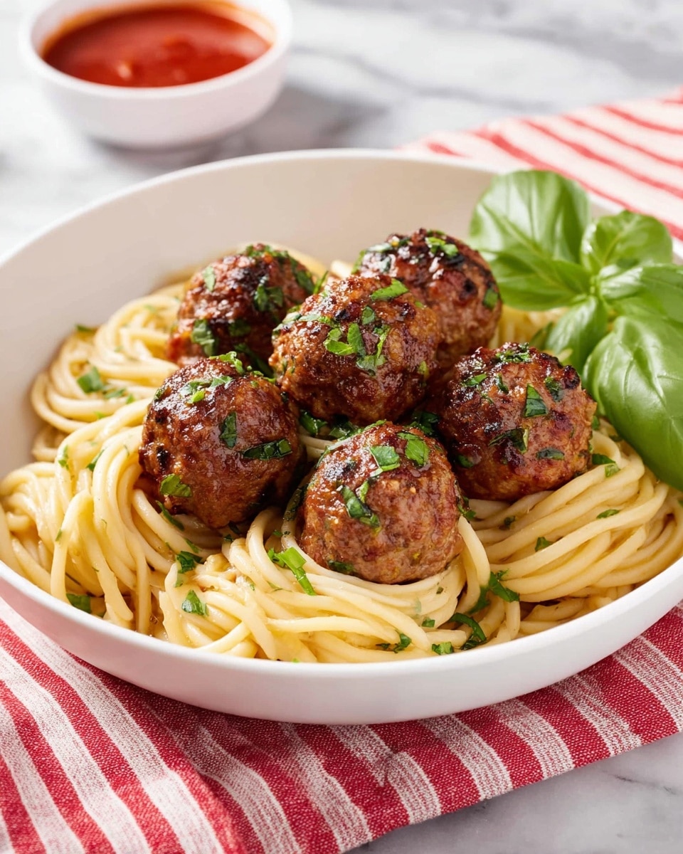 The image shows a black air fryer basket filled with 18 evenly spaced, cooked meatballs. Each meatball is round, dark brown with a slightly crispy texture, and has small green herb bits visible on top. The air fryer basket has a black, perforated bottom. The background surface is a white marbled texture. The photo taken with an iphone --ar 4:5 --v 7