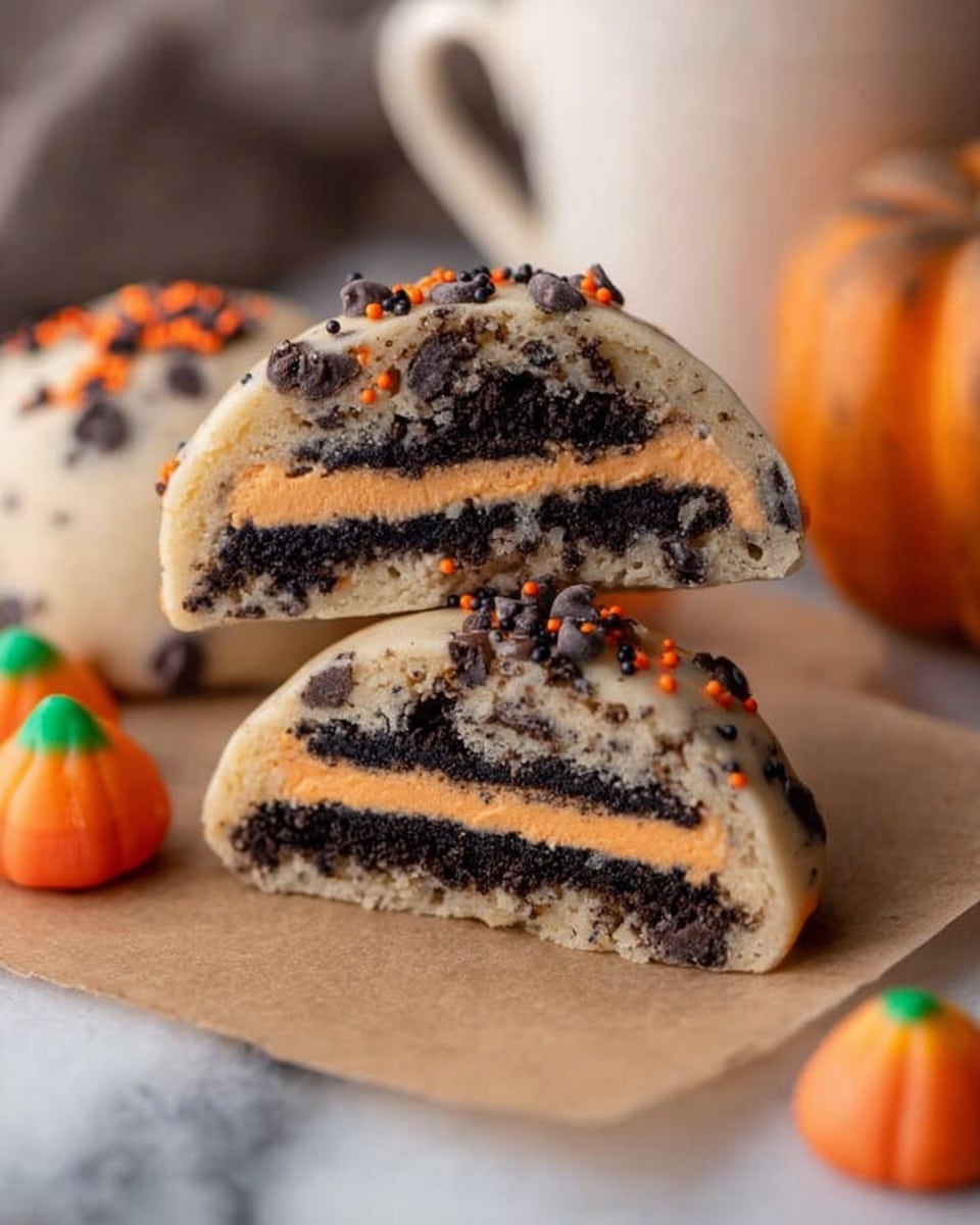 The image shows a close-up of a treat cut in half to reveal its layers. The outer layer is light beige with a soft, doughy texture, studded with small dark chocolate chips and tiny orange and black sprinkles. Inside, a dark crumbly layer surrounds a bright orange cream filling in the center. The treat is placed on a piece of brown parchment paper on a white marbled surface. In the background, a white cup and small orange pumpkin-shaped candies with green tops are visible, adding a Halloween theme. Photo taken with an iphone --ar 4:5 --v 7
