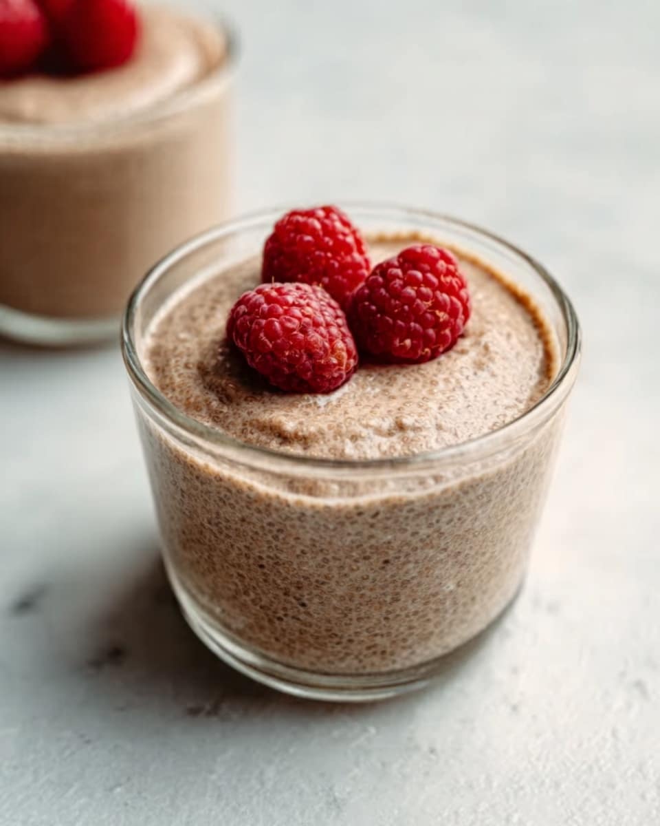 A small clear glass cup filled with a creamy brown chia pudding, showing a smooth and slightly textured top layer. Three fresh red raspberries sit neatly on the center of the pudding, adding contrast to the light brown color. The cup is placed on a white marbled surface, with another similar cup slightly blurred in the background. The overall look is simple and fresh, with soft natural light highlighting the creamy texture and the bright raspberries. Photo taken with an iphone --ar 4:5 --v 7