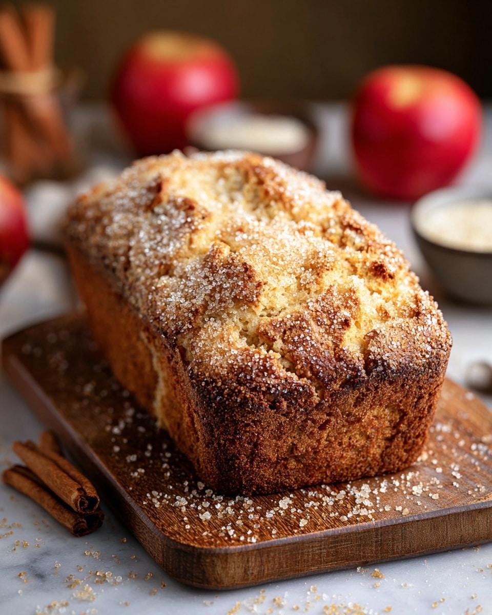 A close-up of a golden brown loaf of bread sitting on a wooden board, the loaf's top sprinkled heavily with large sugar crystals giving a sparkling, crunchy texture. The crust looks crunchy and slightly cracked, showing a soft, moist inside. Around the loaf, there are scattered sugar grains on the wooden board. In the blurred background, there are two red apples, a cinnamon stick, and a small bowl with a white substance, all placed on a white marbled surface. The warm, soft light highlights the textures and colors of the bread and background. Photo taken with an iphone --ar 4:5 --v 7
