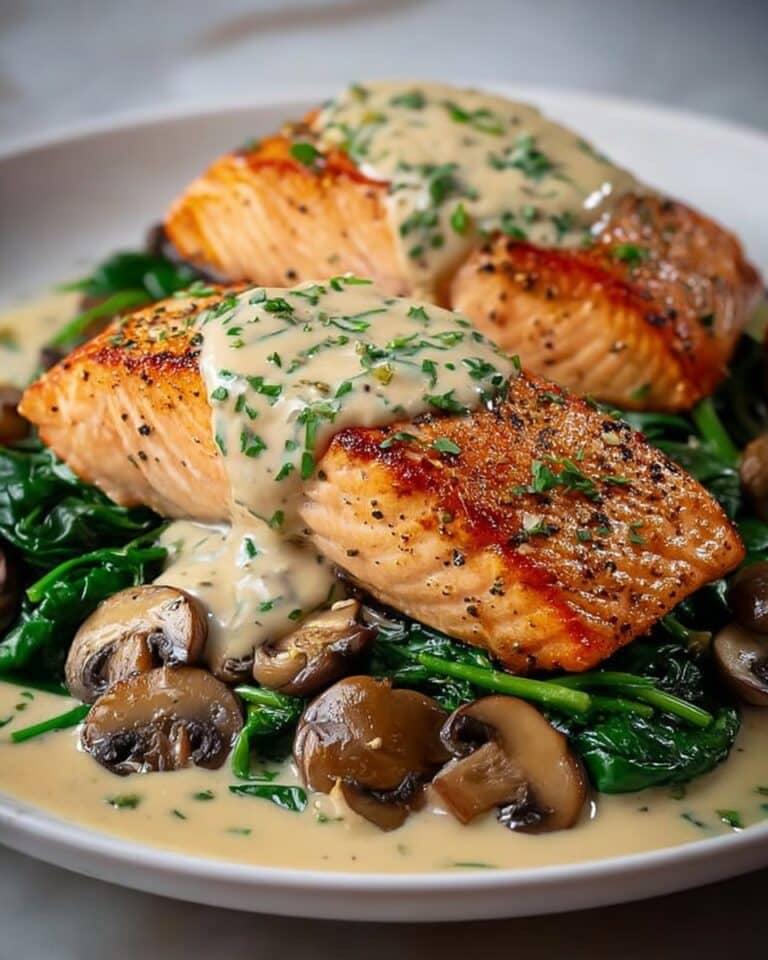 Garlic Butter Salmon with Spinach & Mushrooms in Creamy Sauce Recipe