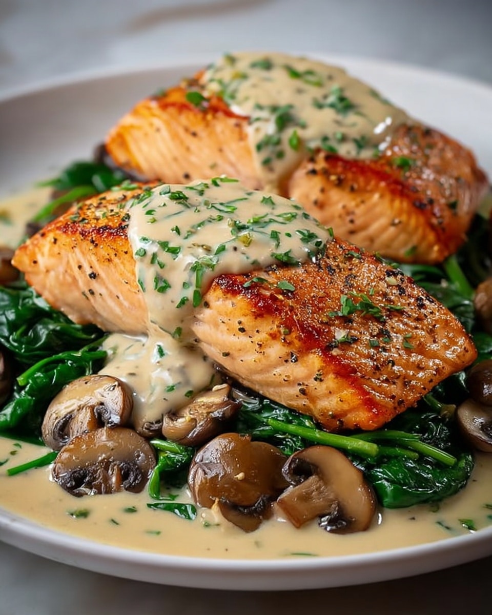 A skillet filled with three pieces of cooked salmon, arranged side by side and topped with bright green spinach leaves and sliced brown mushrooms. The salmon is covered in a creamy white sauce that has specks of black pepper, partially covering the fish and vegetables. The spinach leaves are wilted but still hold a glossy texture. The mushrooms are scattered evenly over and around the salmon, some submerged in the creamy sauce. The skillet sits on a white marbled surface with a white cloth that has red stripes partially visible on the side. photo taken with an iphone --ar 4:5 --v 7