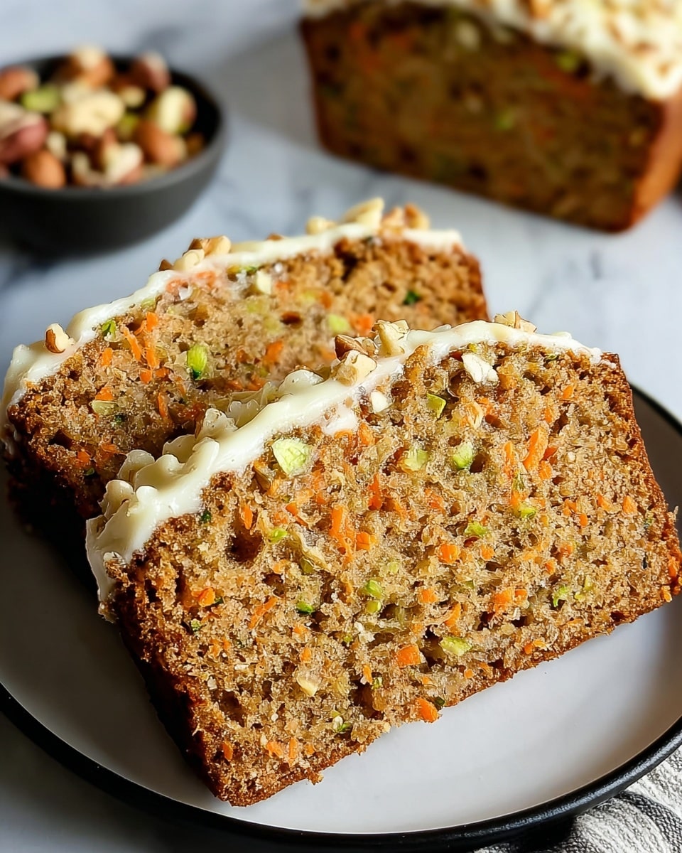 The image shows two thick slices of a moist carrot-zucchini bread placed on a white plate, each slice featuring a dense crumb with visible small pieces of orange carrot and green zucchini mixed inside. The bread has a slightly darker brown crust and a creamy layer of white frosting with bits of nuts in between the two slices, peeking out clearly in the front slice. In the background, a bowl filled with assorted nuts is partially visible, all set on a white marbled surface. Photo taken with an iphone --ar 4:5 --v 7