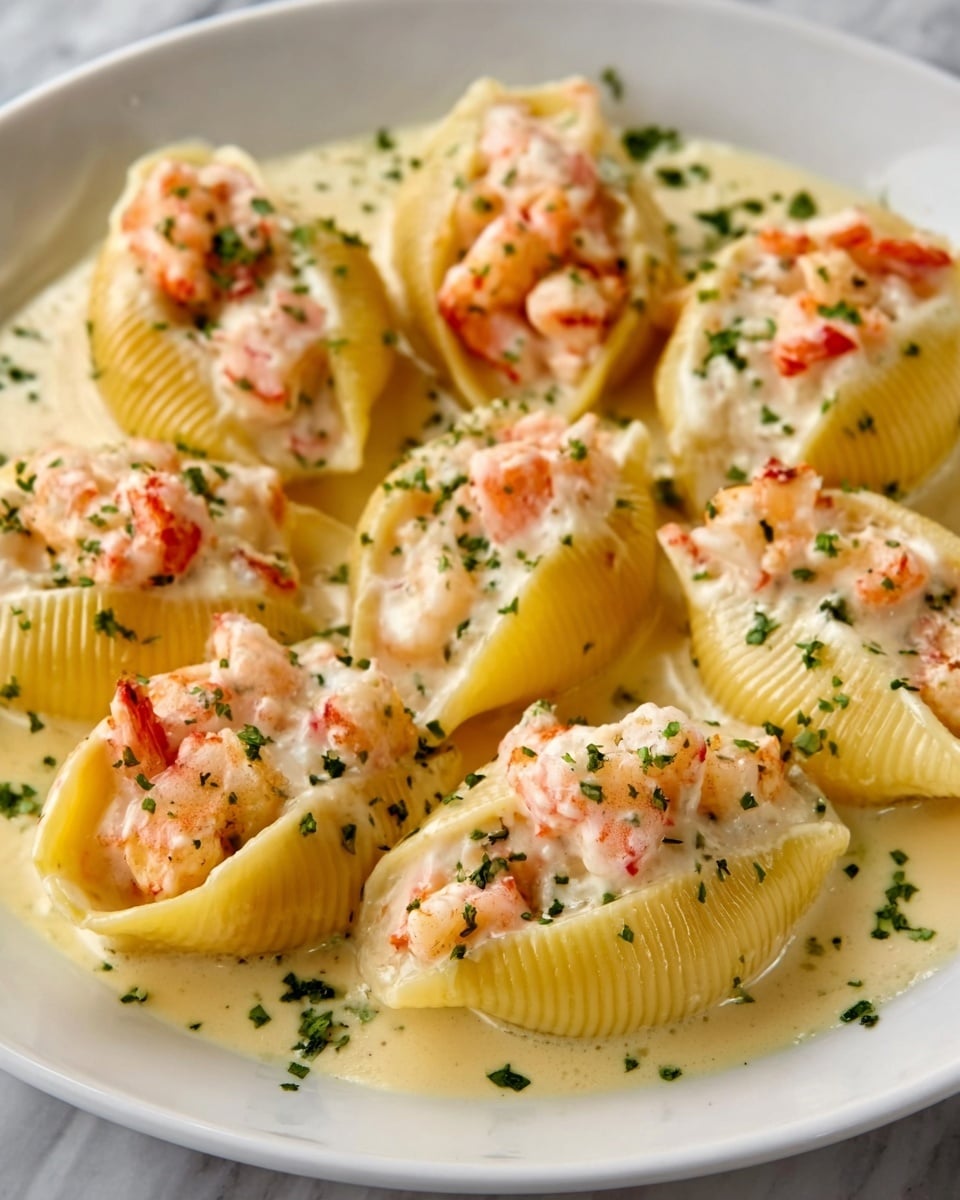 The image shows a white plate filled with large pasta shells stuffed with creamy seafood filling, topped with small pieces of pink shrimp and finely chopped green herbs. The large shells are light yellow with a slightly shiny texture and sit in a pool of pale yellow creamy sauce. Each shell is slightly open at the top, revealing the creamy filling with bits of shrimp inside, and the green herbs are lightly sprinkled on top and around the plate. The plate rests on a white marbled surface. photo taken with an iphone --ar 4:5 --v 7