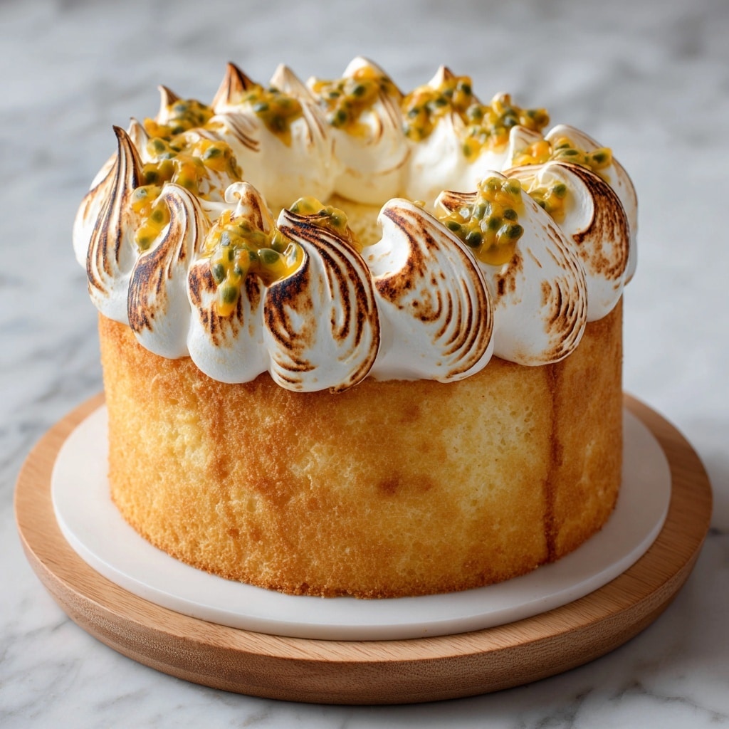 A round bundt cake sits on a white wooden stand with small round beads along the edge. The cake has a golden brown color and a smooth texture. On top, there are eight large swirls of toasted white meringue, evenly spaced around the cake, with a slightly charred effect on the edges. Between and on top of the meringue swirls, there are small yellow dollops and bits of passion fruit with dark seeds, adding bright pops of color and texture. The whole cake is on a white marbled textured surface with a metal patterned table underneath. Photo taken with an iphone --ar 4:5 --v 7