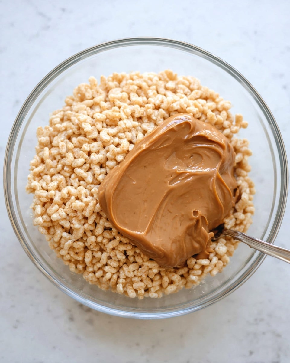 The image shows five round, light brown crispy rice balls placed on a white plate with a soft shine. Each ball has a rough, bumpy texture from the puffed rice, with two of the balls drizzled lightly with smooth, creamy peanut butter sauce in thin lines. The balls sit closely together in the center of the plate, which rests on a white marbled surface, with soft sunlight casting gentle shadows. The overall look is warm and inviting, highlighting the crunchy texture and glossy drizzle. photo taken with an iphone --ar 4:5 --v 7
