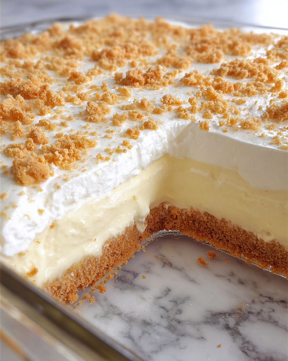 A square slice of creamy dessert with three visible layers sits on a white plate with fine blue patterns. The bottom layer is a crumbly golden brown crust, uneven and textured. Above it, a thick, smooth, and fluffy white cream layer takes up most of the height, showing soft texture details. The top layer is a crumbly, golden brown topping with small chunks spread evenly across the surface. In the background, a clear dish filled with the same dessert is visible, also showing the three layers. The scene is set on a white marbled surface. Photo taken with an iphone --ar 4:5 --v 7