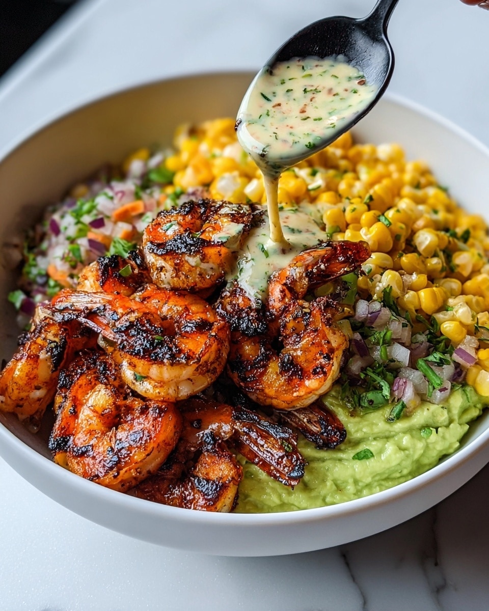 A white bowl filled with three main layers: on one side, bright yellow corn mixed with chopped red onion and green herbs; next to it, a smooth, light green avocado mash; on top of these, a pile of grilled shrimp with a darkened, slightly charred red-orange color, showing clear grill marks; a creamy light sauce with green specks is being poured over the shrimp from a black spoon by a woman's hand. The bowl sits on a white marbled surface. photo taken with an iphone --ar 4:5 --v 7
