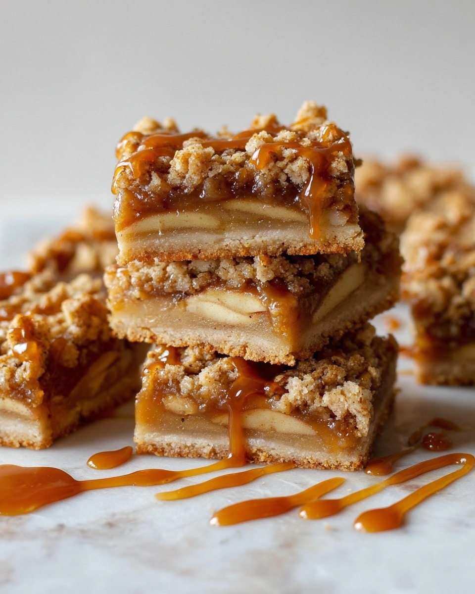 The image shows two square dessert bars on crumpled brown parchment paper placed over a white marbled surface. Each bar has three clear layers: the bottom layer is a pale yellow crust, the middle layer is a smooth light apple filling, and the top layer is a crumbly, golden-brown streusel topping with coarse crumbs and bits of nuts. Both bars are generously drizzled with a shiny caramel sauce that pools slightly around them, adding a glossy texture. The close-up view emphasizes the crumbly texture and the thick caramel drizzle, creating a rich, homemade look. photo taken with an iphone --ar 4:5 --v 7