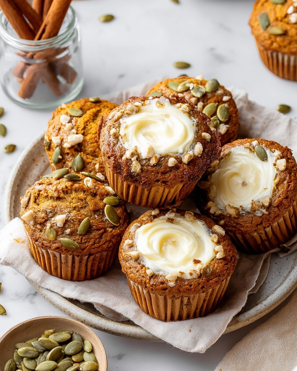 A close-up of a partly eaten muffin placed in white paper wrapping on a white plate, showing a soft, moist interior with a rich orange-brown color. The muffin has a creamy white layer of cheese or cream in the center of the top surface, with a few green pumpkin seeds sprinkled near the edges. The background is a white marbled texture, and a woman’s hand is gently holding the plate. The photo taken with an iphone --ar 4:5 --v 7