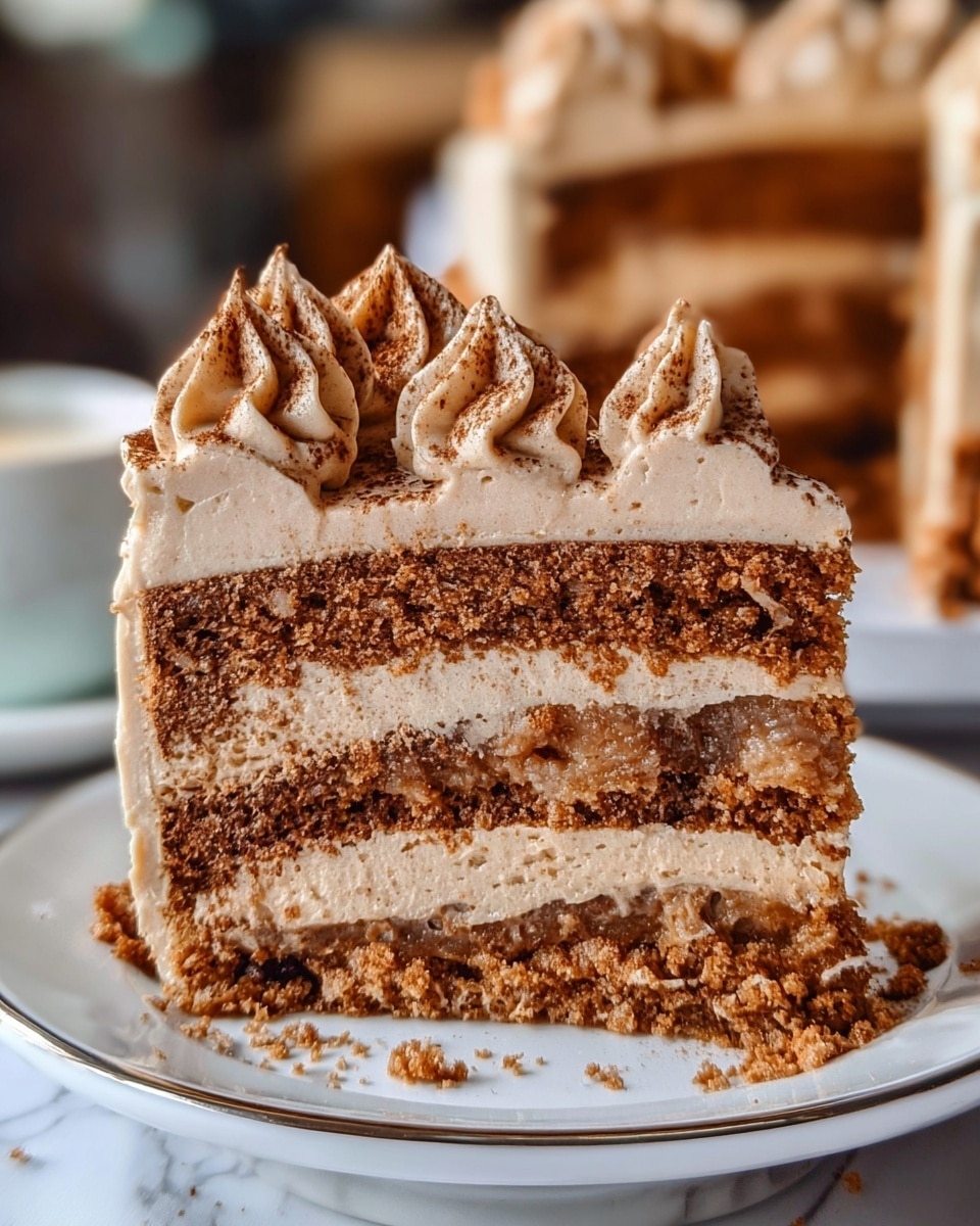 A two-layer round chocolate cake sits on a white plate with delicate black designs, placed on a white marbled surface. The bottom and top cake layers are dark brown with a moist texture. Between the layers is a light brown frosting spread evenly. The outside of the cake is covered in the same light brown frosting, textured softly with rough edges. The top edge of the cake is decorated with 12 thick swirls of light brown frosting, each topped with small dark chocolate sprinkles. One slice is removed, showing the inside layers clearly. Photo taken with an iphone --ar 4:5 --v 7