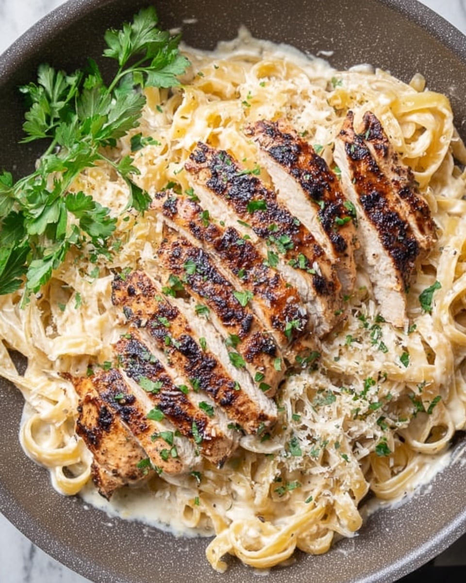 A close-up top view of creamy fettuccine pasta topped with neatly sliced grilled chicken breast, showing a golden-brown char on the chicken with some blackened spots. The pasta is coated in a creamy white sauce with a slightly textured look and sprinkled with finely chopped green herbs. A sprig of fresh green parsley sits on the side of the dish. The food is placed in a frying pan with a grey non-stick surface, resting on a white marbled textured background. photo taken with an iphone --ar 4:5 --v 7