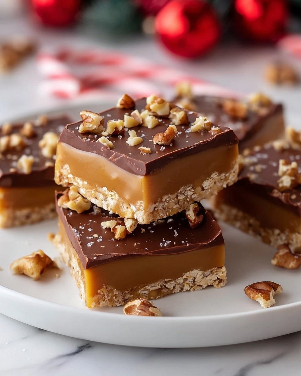 A rectangular dessert in a silver foil tray is shown, featuring a smooth, glossy dark brown chocolate layer evenly spread on top. The surface of the chocolate has fine, delicate lines creating a slight texture, and it is garnished with scattered small pieces of golden-brown nuts, mainly around the edges and a few in the center. The tray is set on a white marbled surface with pine tree branches partially visible in the background. photo taken with an iphone --ar 4:5 --v 7