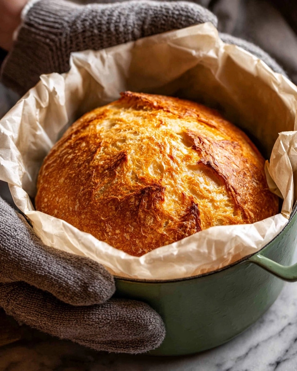 A large round golden-brown baked bread with a crispy, slightly cracked top layer rests inside white parchment paper, which lines a greenish Dutch oven. The bread has a rough, textured surface with some deeper cracks showing the lighter, softer inside. The pot is held by a woman's hands wearing thick gray oven mitts, and a gray towel is draped nearby on a white marbled surface. Photo taken with an iphone --ar 4:5 --v 7