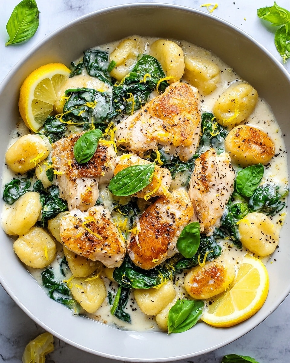A white bowl filled with golden-brown pan-seared gnocchi pieces layered over fresh dark green spinach leaves, with slices of cooked white chicken breast placed on top. The dish is covered in a creamy white sauce, sprinkled with black pepper and grated cheese. Bright green basil leaves and thin lemon wedges are placed near the top edge, adding fresh color and contrast. The dish is garnished with small lemon zest bits for a touch of yellow brightness, all set on a white marbled surface. photo taken with an iphone --ar 4:5 --v 7