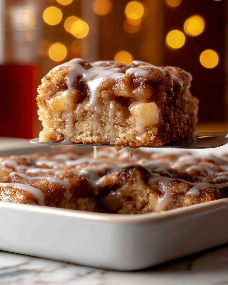 A single square piece of cinnamon roll cake on a white plate, showing two main layers: the bottom layer is a light brown, soft cake with small air holes, and the top layer is a gooey swirl of cinnamon sugar with a shiny glaze of white icing drizzled unevenly across the surface. The cake looks moist with visible cinnamon specks and a slightly caramelized texture on top. The plate rests on a wood table with a white marbled backdrop and blurred background elements in soft light. photo taken with an iphone --ar 4:5 --v 7