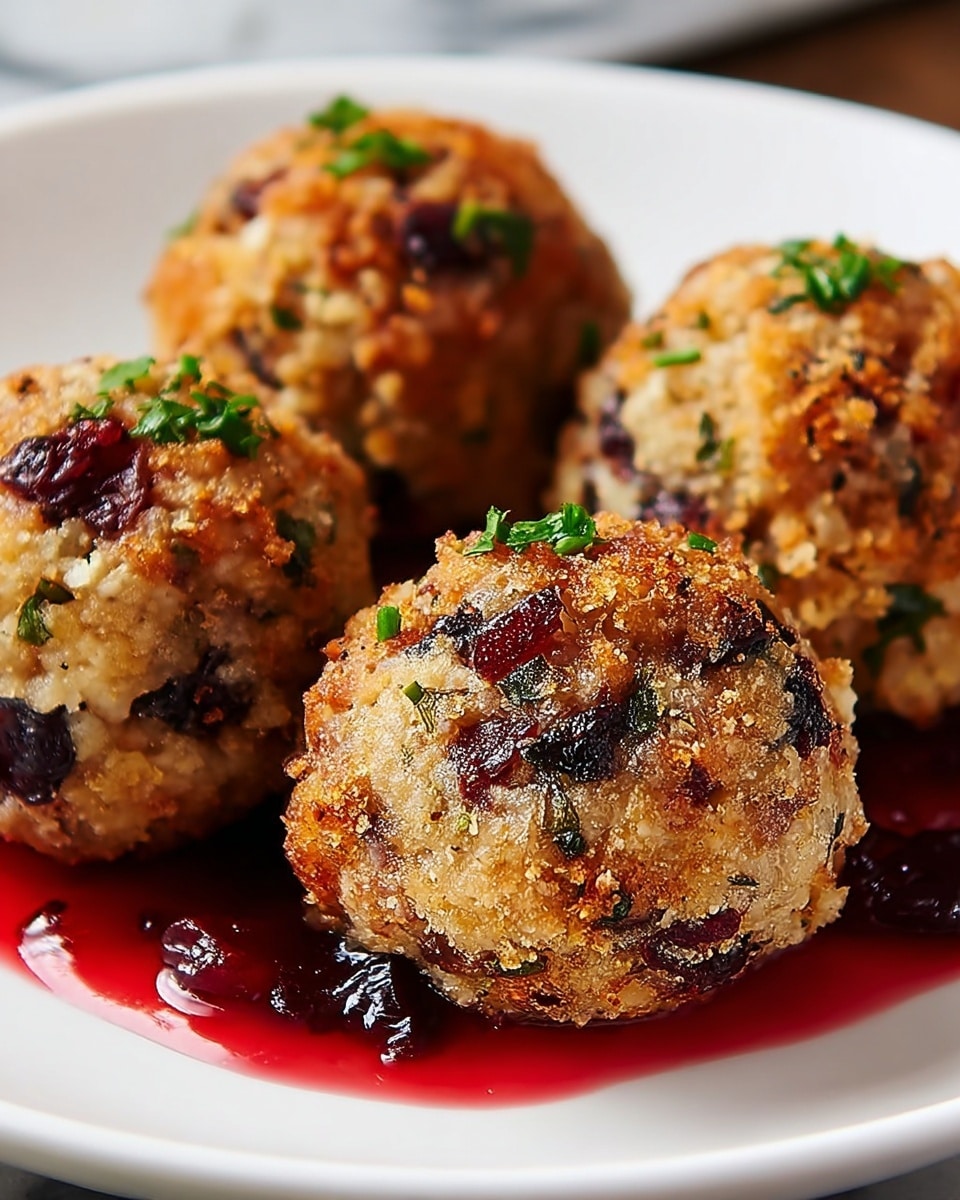 A stack of golden-brown meatballs showing a crispy outside and soft inside with visible pieces of red cranberries and green herbs, arranged on a white plate surrounded by whole fresh cranberries and sprigs of green rosemary. One meatball is cut in half and placed on top, exposing the chunky texture with white meat, red cranberry bits, and green herbs inside. The background is softly blurred with warm lights, with the plate sitting on a white marbled surface. photo taken with an iphone --ar 4:5 --v 7