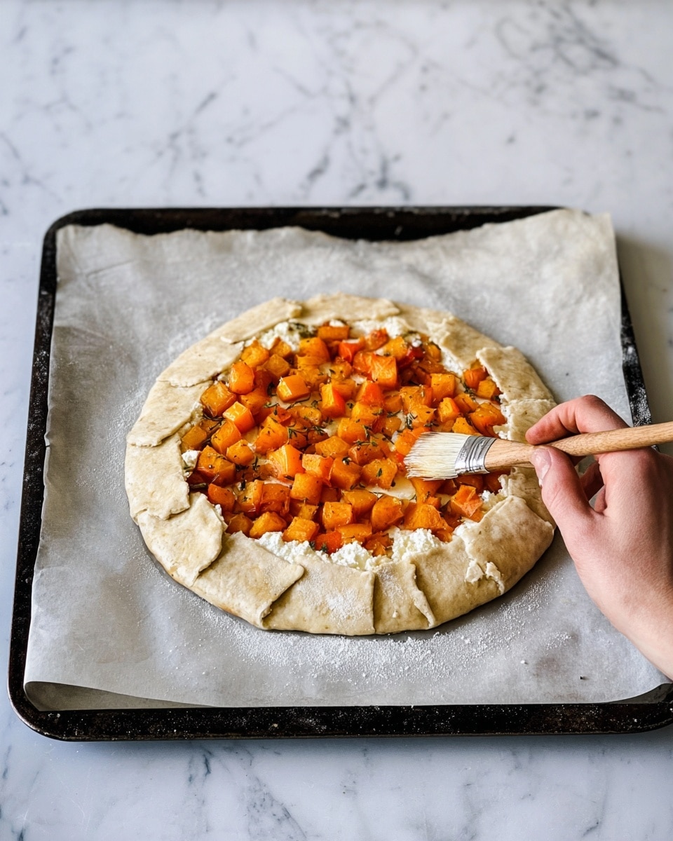 A round galette with a rough crust folded over the edges sits on a sheet of white parchment paper atop a dark baking tray. The galette has three main layers: the outer layer is a pale, slightly flaky dough folded unevenly around the edges; inside, there is a layer of white cheese peeking through; the top layer is made up of bright orange diced roasted squash spread evenly across the galette’s center. A woman's hand holds a brush applying a glaze to the dough’s edge. The scene rests on a white marbled surface. photo taken with an iphone --ar 4:5 --v 7