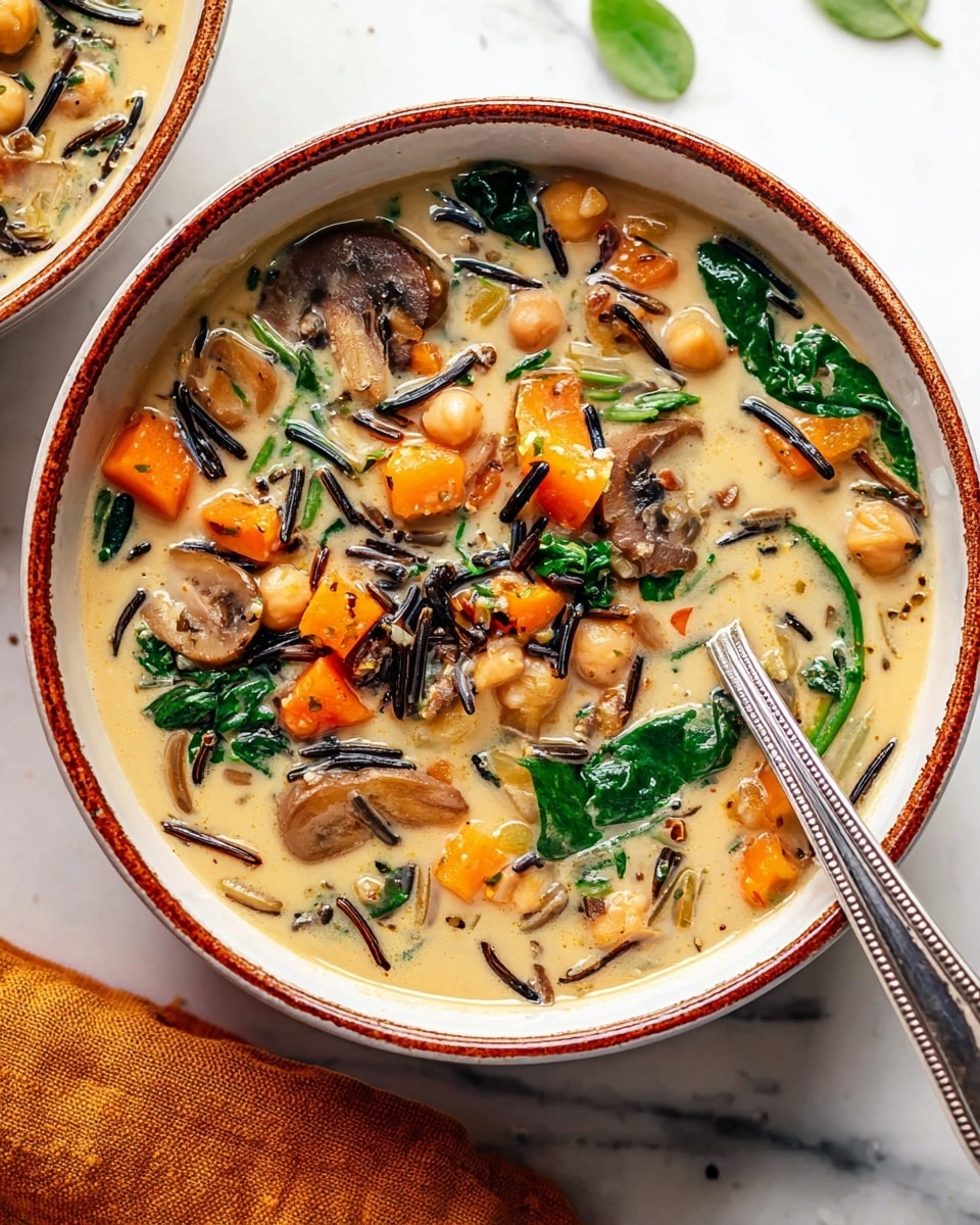 The image shows a thick soup with a chunky texture in a white bowl. The soup has a deep orange base with visible pieces of soft orange carrot chunks and white beans scattered throughout. Dark wild rice grains are mixed throughout, adding contrast, and small green herb leaves are sprinkled on top for garnish. A silver spoon lifts a portion of the soup, showing the creamy and hearty mix with visible bits of vegetables and rice. The background has a white marbled texture. Photo taken with an iphone --ar 4:5 --v 7
