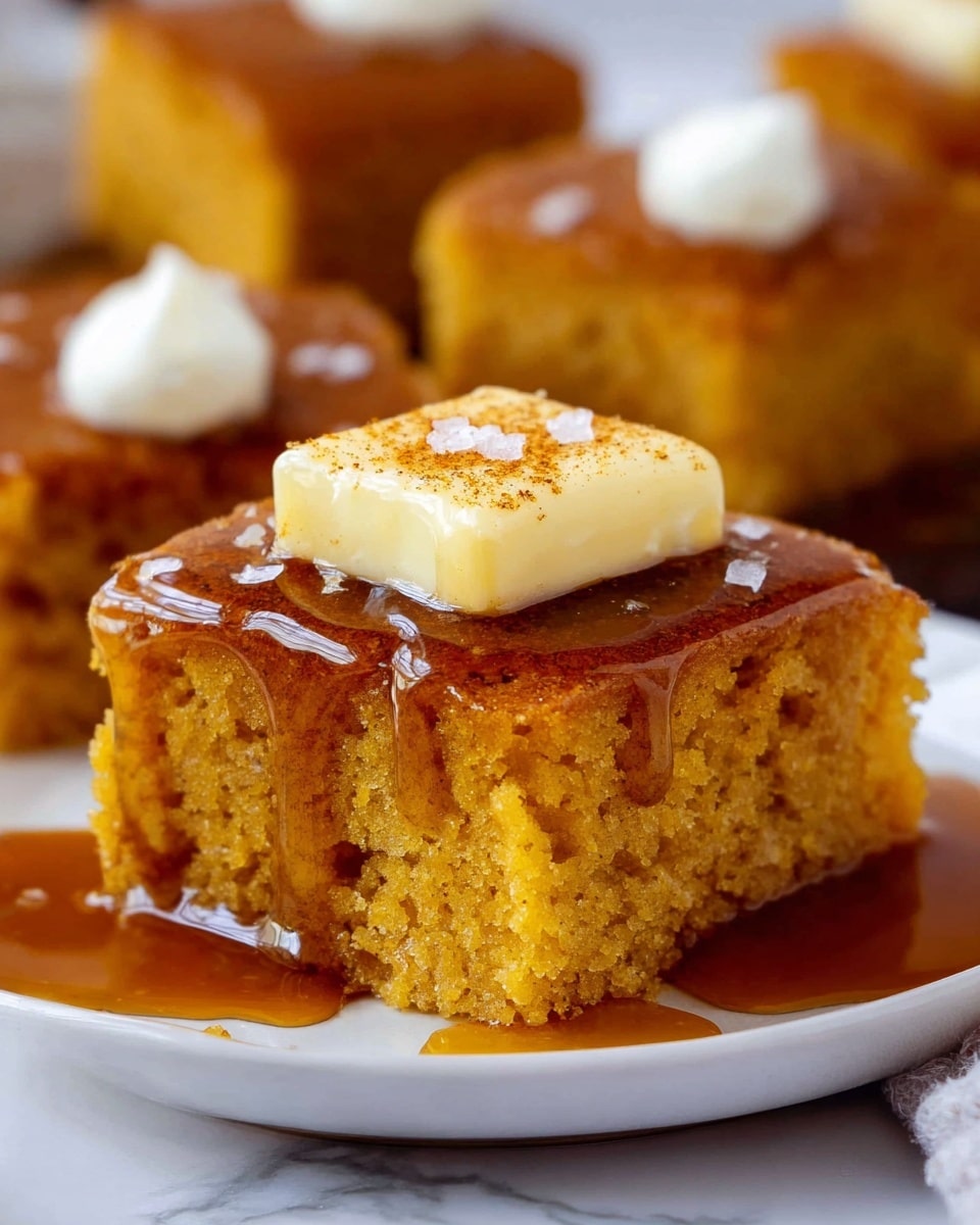 A close-up image of several square pieces of soft, golden-brown cornbread stacked closely on a white plate set on a white marbled surface. The top cornbread piece has a glossy layer of melted syrup dripping slightly down the edges and a smooth, pale yellow square of butter placed in the center with a light sprinkle of fine cinnamon powder on it. The cornbread texture looks moist and crumbly with a slightly rough surface, and some pieces show coarse salt crystals on top. photo taken with an iphone --ar 4:5 --v 7