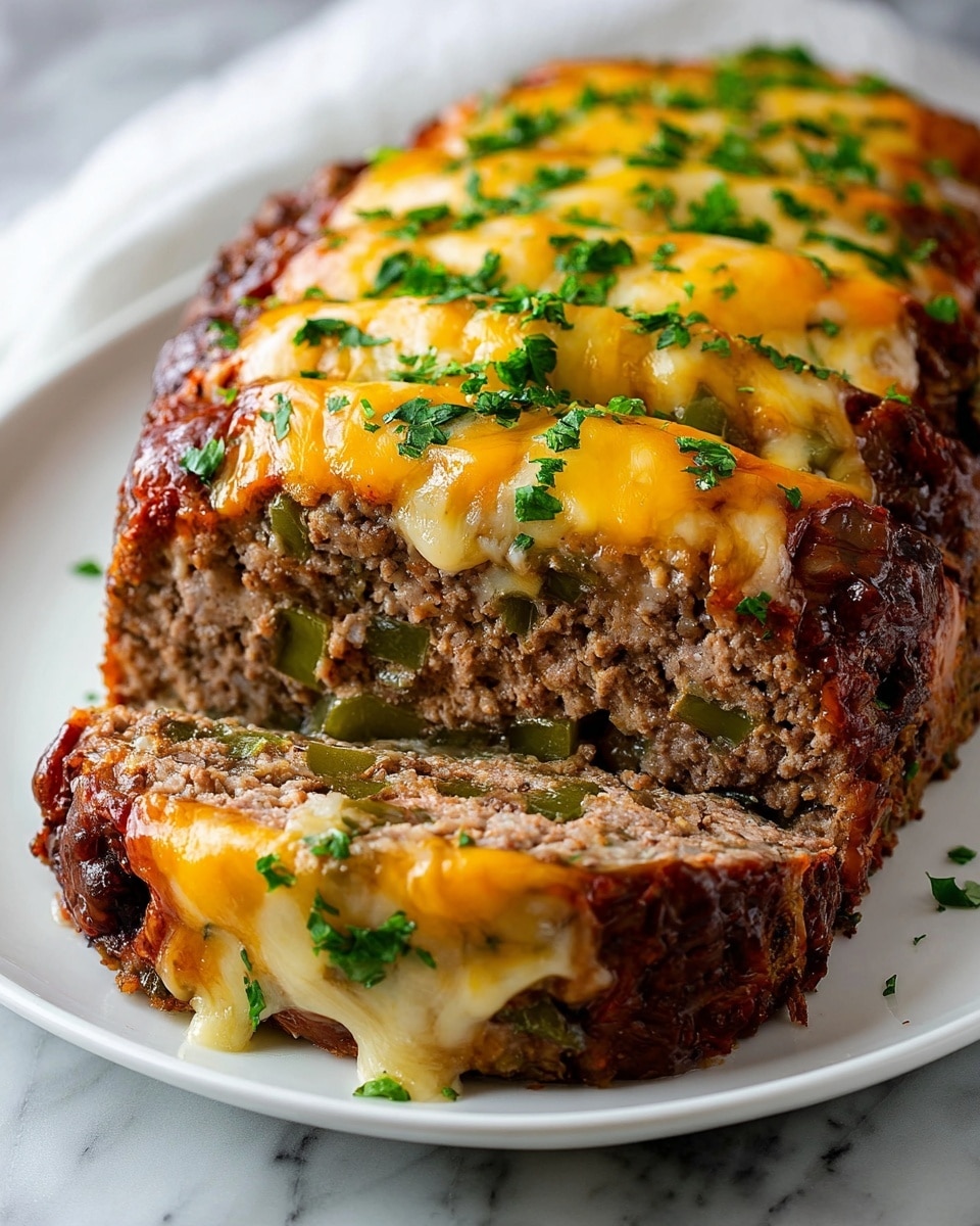 A thick loaf of meatloaf sits on a white plate, sliced near the front showing a dense, brown ground meat interior mixed with chunks of green bell pepper and bits of onion. The top layer consists of melted cheese, golden brown and slightly bubbling, stretching between the layers and dripping down the sides. The surface of the cheese is speckled with fresh chopped green herbs, adding a fresh contrast to the warm, rich colors. The white plate rests on a white marbled texture, enhancing the presentation. photo taken with an iphone --ar 4:5 --v 7