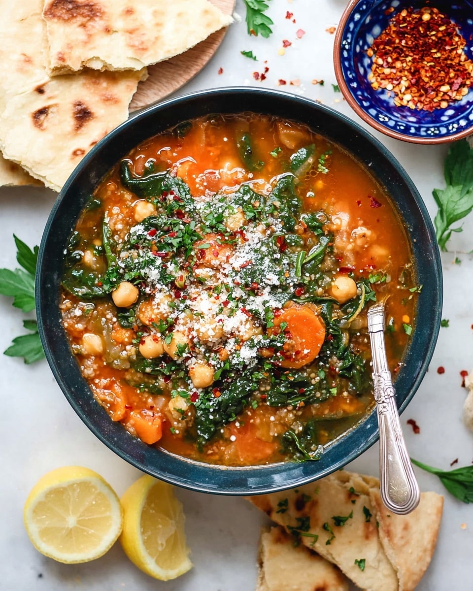 A dark blue bowl filled with a thick soup showing three main layers: the base is an orange-brown broth with visible tomato bits, scattered chickpeas, and round carrot slices. On top of this is a layer of fresh dark green spinach leaves, mixed with chopped parsley. The uppermost layer is sprinkled with white grated cheese and small red chili flakes. A silver spoon rests inside the bowl on the right side. Around the bowl on a white marbled surface are torn pieces of flatbread, two lemon wedges, some parsley sprigs, and a small blue bowl filled with reddish chili flakes. Photo taken with an iphone --ar 4:5 --v 7