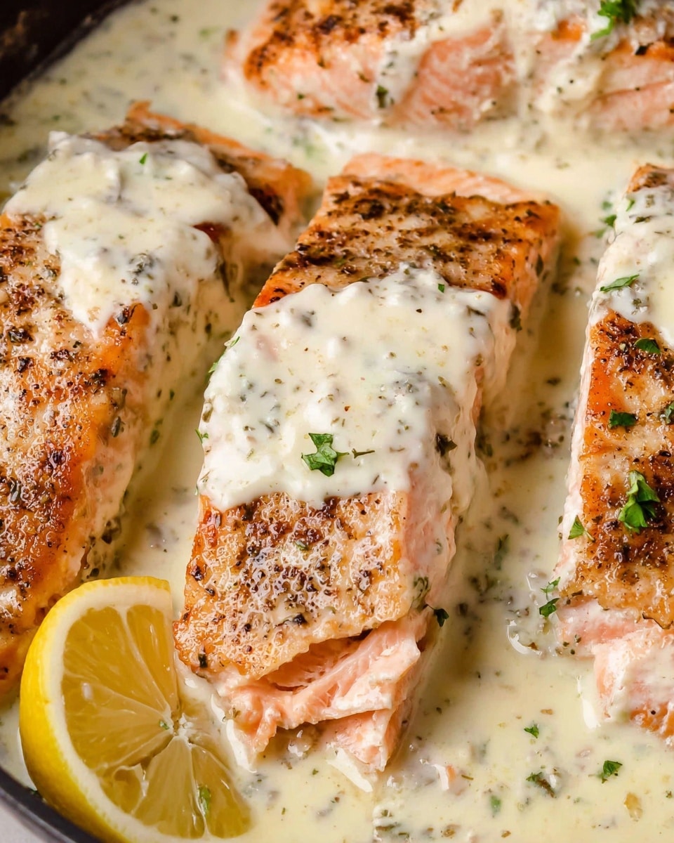 The image shows a white plate with two thick salmon fillets, each covered with a creamy white sauce sprinkled with black pepper and green herbs. One fillet is partially cut, revealing a soft, pink, flaky inside with a slightly browned, crispy top layer. On one side of the plate, bright green asparagus stalks are neatly lined up, seasoned lightly. Two lemon wedges rest at the top right of the plate, adding a bright yellow color to the scene. A woman's hand holds a fork cutting into the salmon, set against a white marbled surface. photo taken with an iphone --ar 4:5 --v 7
