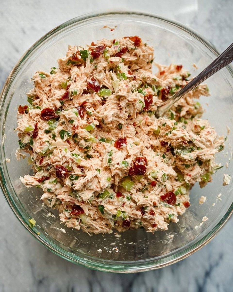 A sandwich cut in half and stacked, showing three main layers. The top and bottom layers are thick, soft, light brown bread slices with visible air holes. Inside, there is a thick layer of white melted cheese, smooth in texture. Below the cheese is a chunky, creamy filling made of mixed ingredients in red, green, and white shades, likely a creamy tomato and herb mixture. At the bottom of the filling, some fresh leafy green lettuce is visible. The sandwich is on a round white plate with some orange chips around it. The background is a white marbled surface with a blurred bowl in the back. Photo taken with an iphone --ar 4:5 --v 7