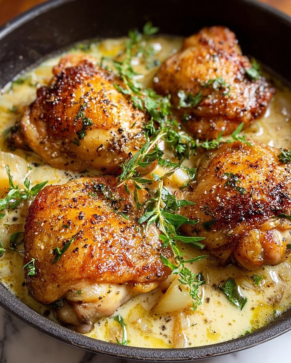 A frying pan filled with six pieces of golden-brown chicken thighs in a creamy light beige sauce, sprinkled with grated cheese and chopped green parsley. The chicken skin looks crispy with a slightly rough texture, and the creamy sauce around the chicken is smooth with small black pepper specks. Around the pan are three white bowls, one filled with chopped fresh green parsley, one with grated cheese, and one with coarsely ground black pepper. The background is a white marbled surface. photo taken with an iphone --ar 4:5 --v 7
