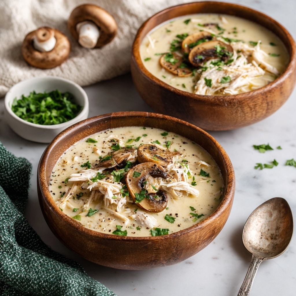 The image shows a white bowl filled with creamy soup that has a light yellow color with specks of black pepper on top. Inside the soup, there are slices of brown mushrooms scattered throughout along with dark green spinach leaves. Shredded white chicken pieces are layered visibly on top of the soup. A piece of toasted bread with a golden-brown crust rests on the edge of the bowl. The bowl is placed on a white marbled surface, and a silver spoon is partially visible inside the bowl. Photo taken with an iphone --ar 4:5 --v 7