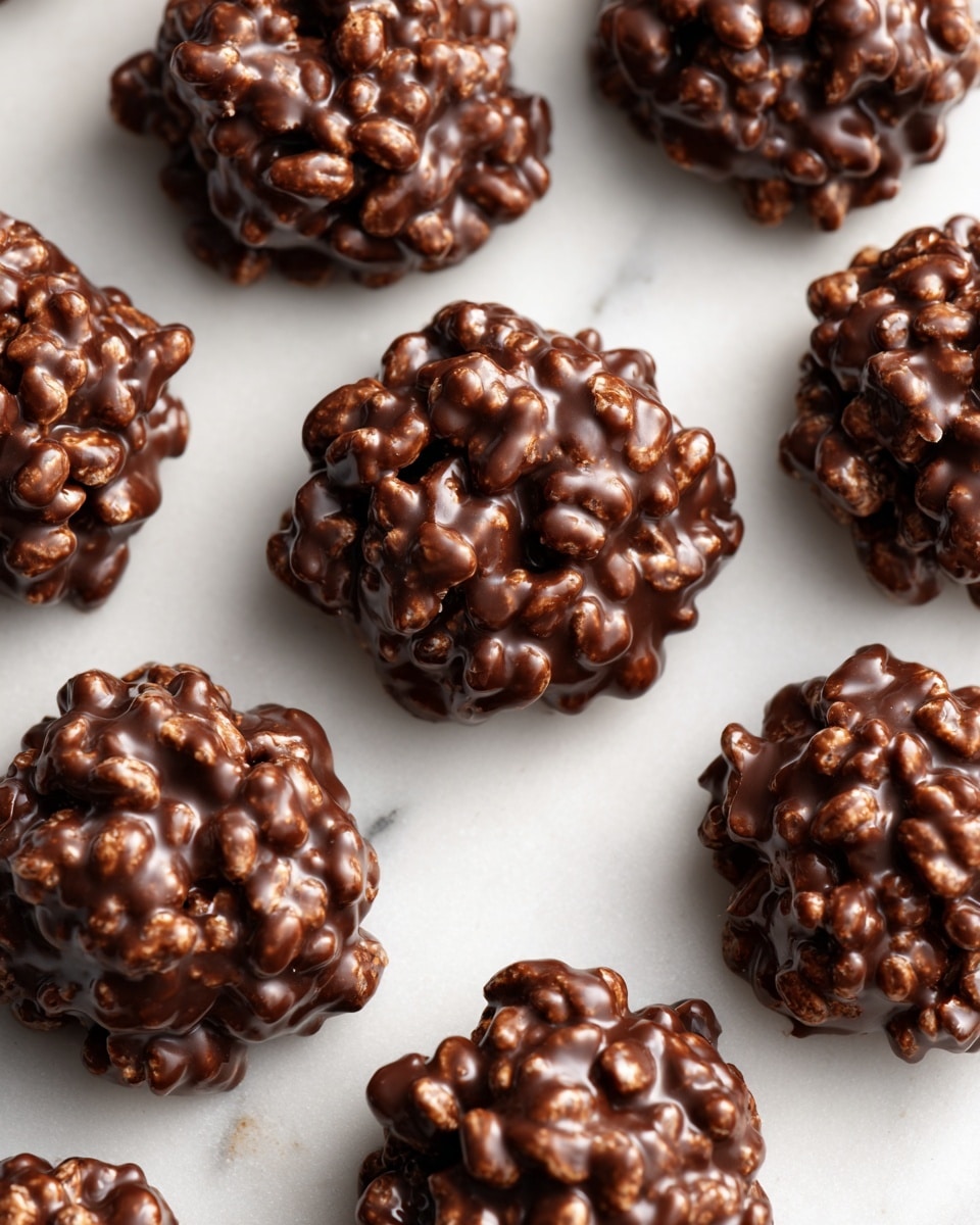 A close-up view of a small cluster cookie made from shiny dark chocolate mixed with round, nut-like pieces creating a textured, bumpy look; a woman's hand is holding one cluster in the foreground, showing its irregular shape and glossy surface, while several more clusters sit scattered on a white marbled surface in the background, all rich brown in color and slightly glossy, with the focus on the held cluster and a soft blur on the rest photo taken with an iphone --ar 4:5 --v 7
