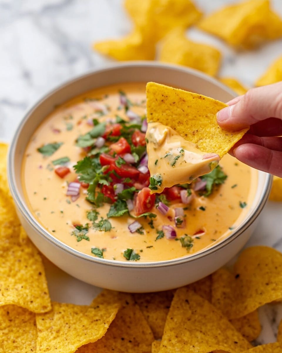 A white bowl filled with creamy light orange cheese dip topped with finely chopped red onion, green jalapeño, red tomato, and fresh green cilantro leaves, with two yellow corn tortilla chips dipped into the creamy layer on one side. The bowl is surrounded by many yellow corn tortilla chips scattered on a white marbled surface, with a bigger white bowl full of more tortilla chips in the background. Photo taken with an iphone --ar 4:5 --v 7