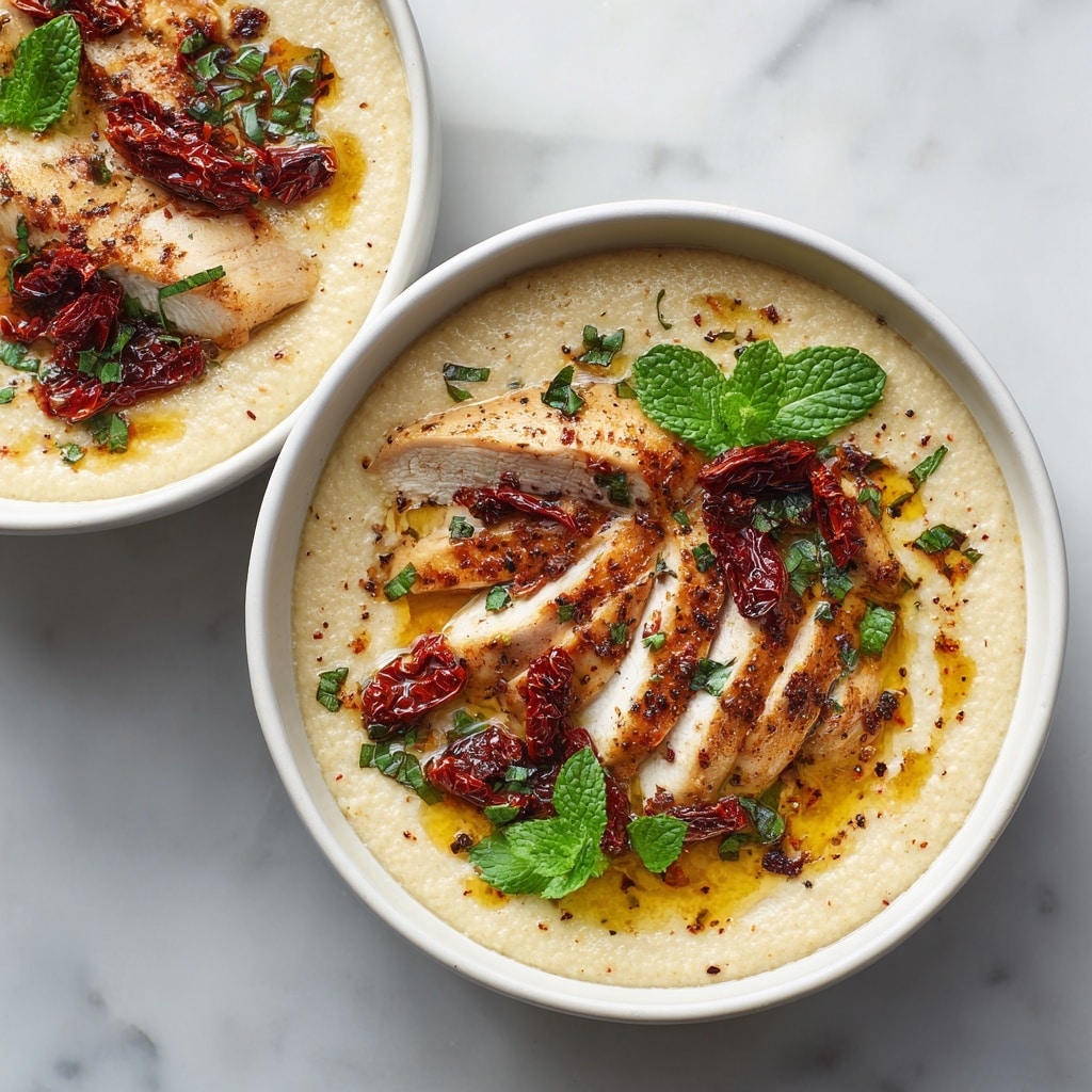 A round white bowl holds a dish with three main layers. The bottom layer is soft and creamy, pale yellow polenta that spreads evenly to the edges. On top of the polenta lies a rich reddish-brown mushroom and tomato sauce with chunky pieces of sautéed mushrooms, giving a textured, hearty look. In the center, there is a golden brown crispy piece of chicken skin partially covered and pulled apart, showing moist white meat inside. Small green herb leaves are scattered across the dish for a fresh touch. Two gold-colored forks rest inside the bowl to the right side, all placed on a white marbled surface. Photo taken with an iphone --ar 4:5 --v 7