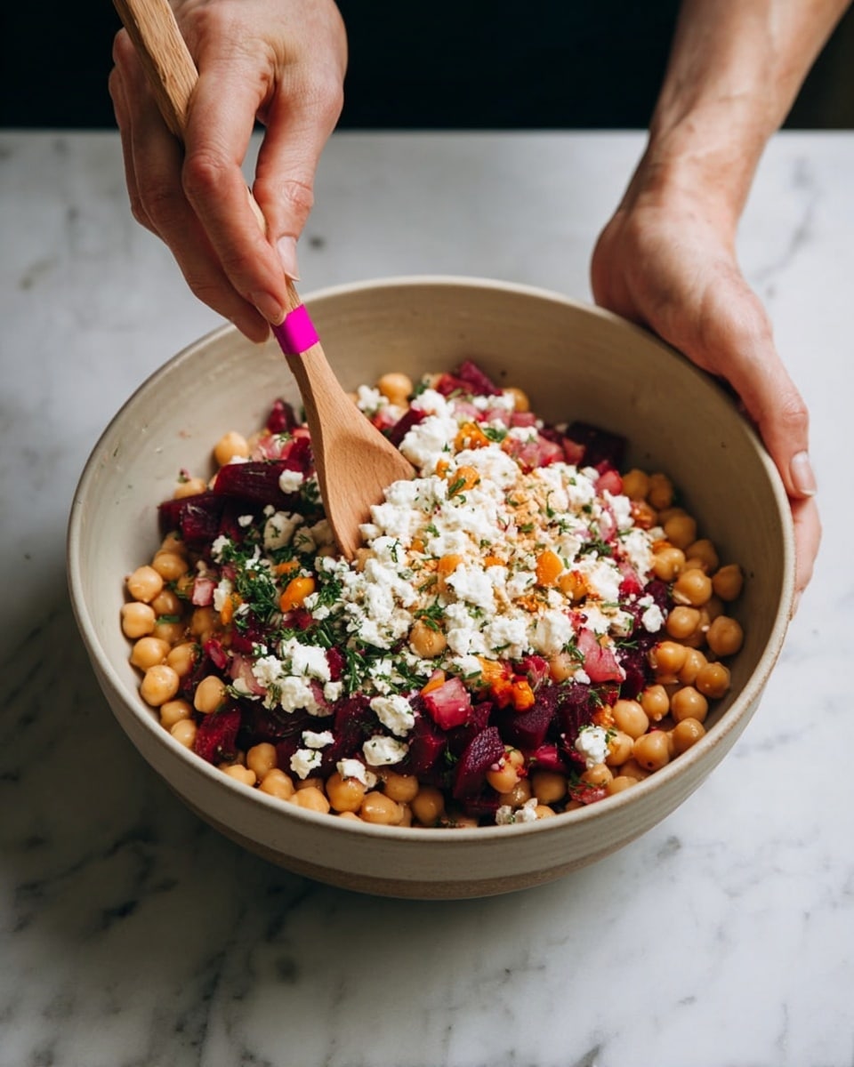 A large white bowl filled with several layers of food sits on a white marbled surface. The bottom layer is made of round, light brown chickpeas covering the bowl. Scattered among the chickpeas are small pieces of dark red beetroot and some orange bits. The top layer consists of crumbled white cheese sprinkled with small green herb leaves. A wooden spoon with a pink-stained tip is stirring the contents, held by a woman's hand above the bowl, while another woman's hand supports the bowl from the side. photo taken with an iphone --ar 4:5 --v 7