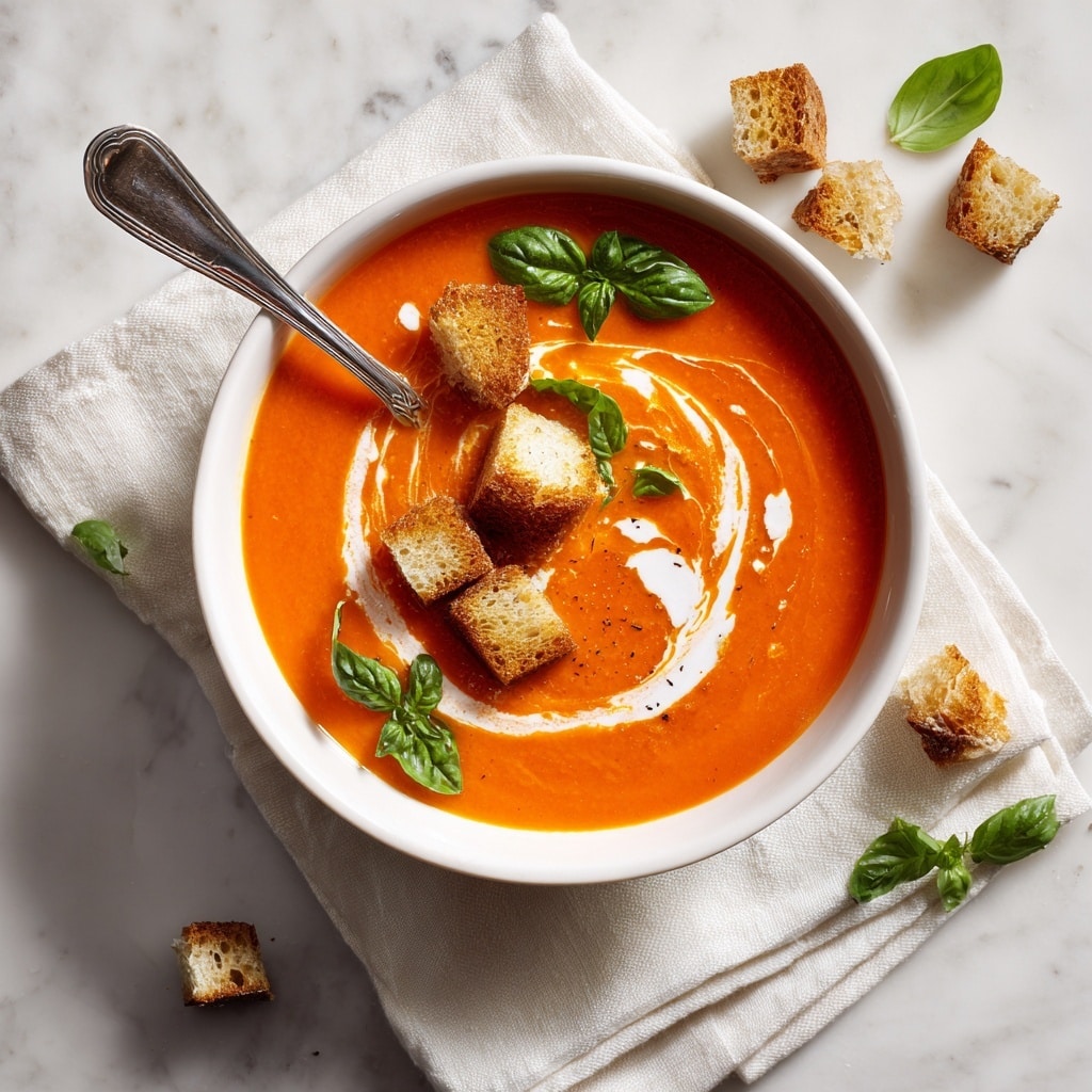 A white bowl filled with thick orange tomato soup is placed on a white marbled surface. The soup has white cream swirled delicately on top in a spiral pattern. There are three light golden brown croutons on the surface of the soup, two in the center and one on the side. Fresh green basil leaves are used as garnish on top of the croutons and scattered nearby. A spoon with a silver handle is resting inside the bowl, and small soft cube pieces of bread are placed around the bowl on the white cloth underneath. The photo was taken with an iphone --ar 4:5 --v 7