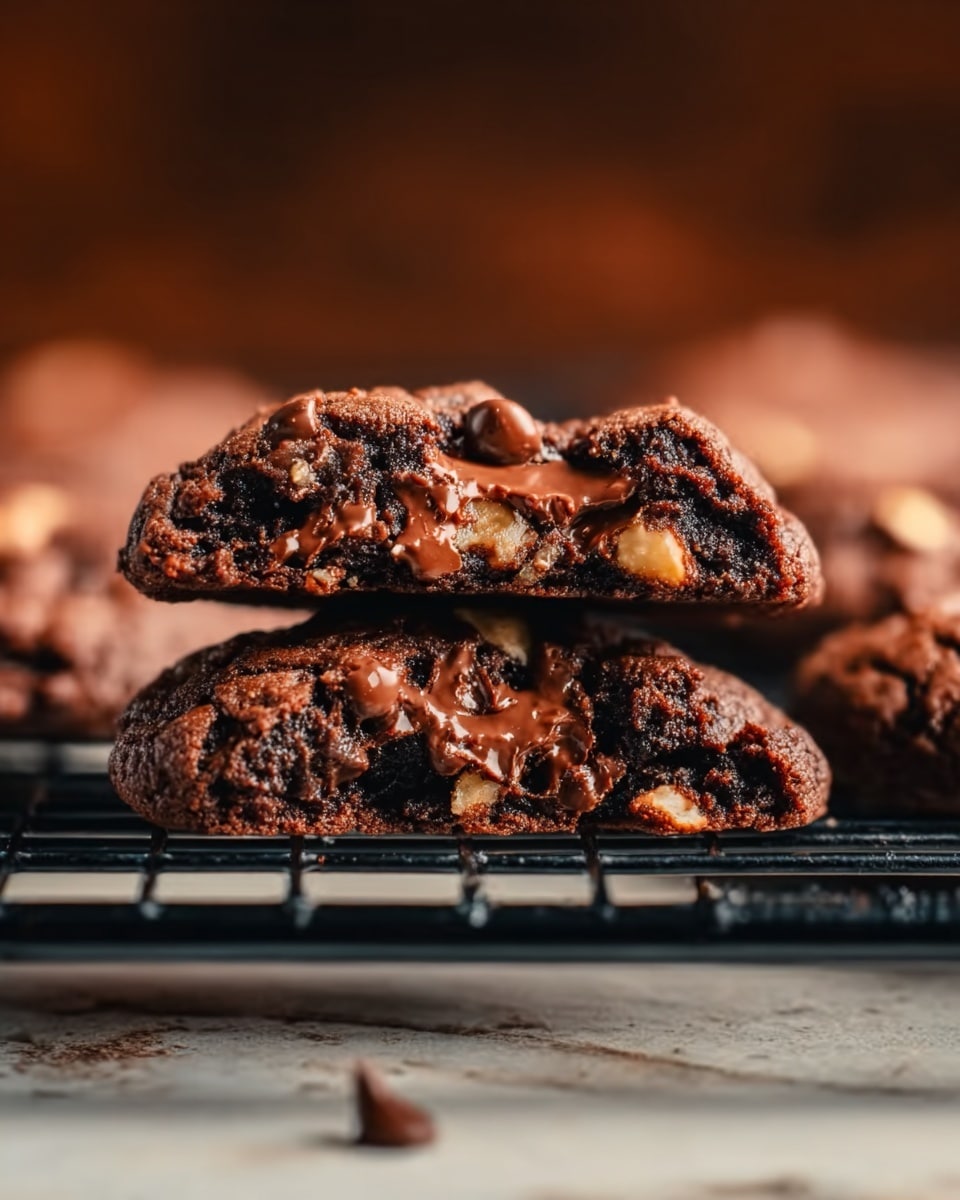 A close-up of thick, round chocolate cookies on a black wire rack over a white marbled surface, each cookie showing rough, uneven texture with embedded walnut pieces and shredded coconut on top. One cookie is broken in half, revealing gooey, melted chocolate inside, with the cookie’s dark brown, slightly crumbly outer layer contrasting with the shiny, rich chocolate in the middle. Photo taken with an iphone --ar 4:5 --v 7