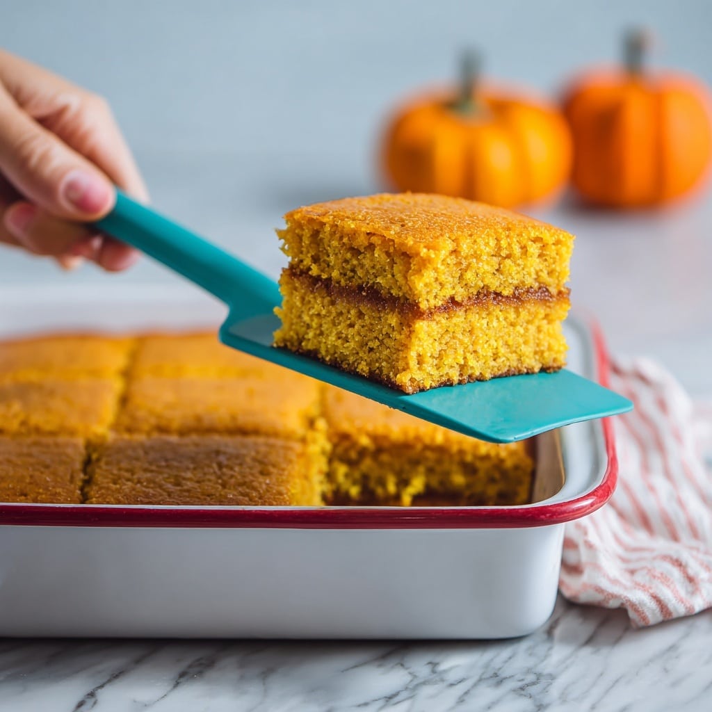 The image shows a square piece of moist orange-yellow cake with three distinct layers: a thick bottom layer of soft orange-yellow cake, a middle thin layer of dark brown filling with a slightly sticky texture, and a top layer of the same orange-yellow cake with a white, glossy glaze drizzled unevenly over it. The cake is placed on a white plate, with a close-up focus on the cake’s texture and color. A fork with a piece of the cake is held by a woman's hand, positioned at the bottom left of the image. The background is a white marbled texture with scattered yellow and orange autumn leaves and blurred pumpkins adding a warm, seasonal touch. photo taken with an iphone --ar 4:5 --v 7