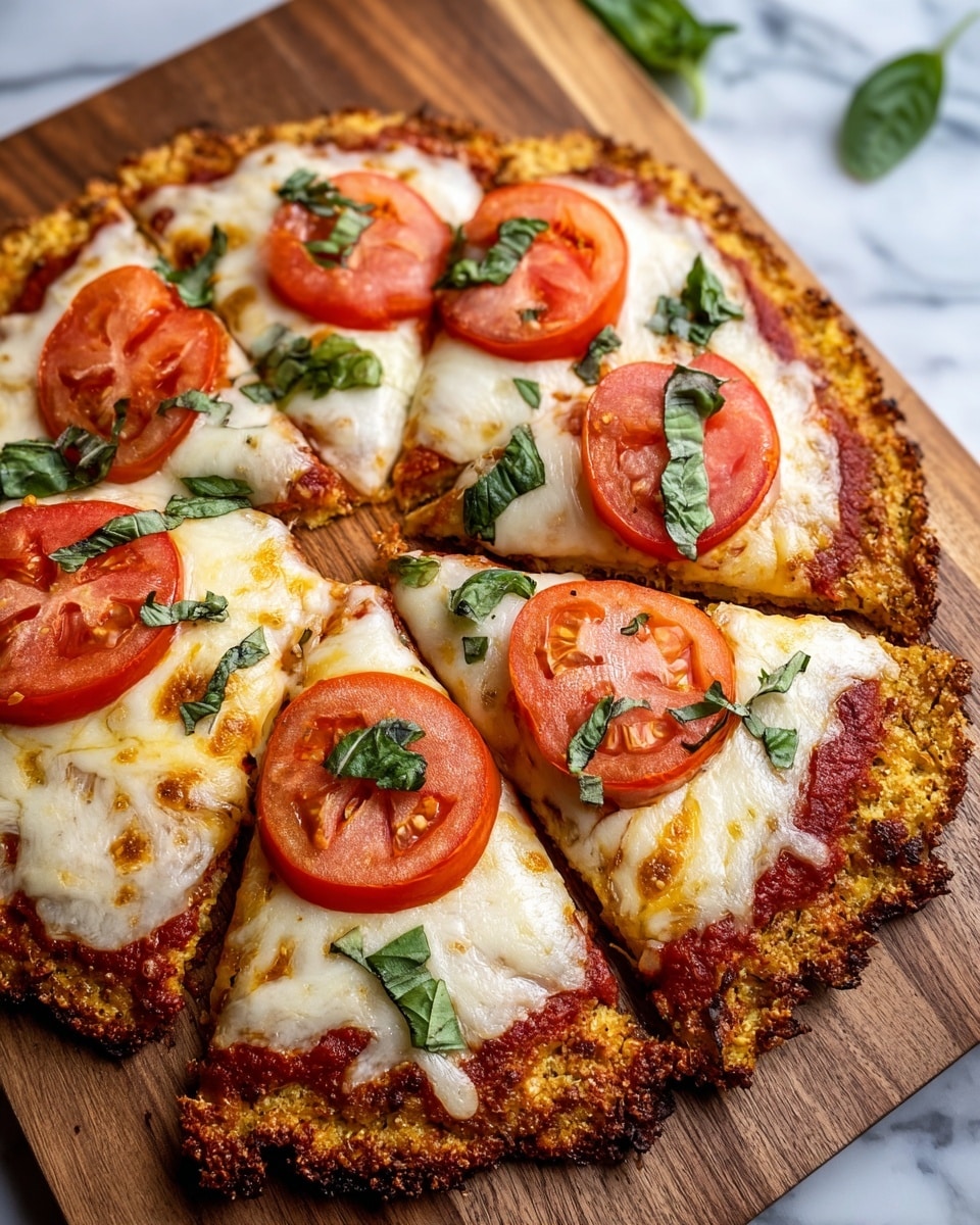 The dish is a sliced pizza with a thick, crispy golden brown crust that looks crunchy and textured like breadcrumbs. The first layer is a rich, dark red tomato sauce spread evenly on the crust. On top of the sauce is a thick layer of melted pale yellow mozzarella cheese, slightly bubbly and gooey. Scattered across the cheese are thin red onion slices, fresh red tomato slices, and green basil leaves torn into small pieces. The pizza pieces are arranged in a circle on a white plate over a white marbled surface. Photo taken with an iphone --ar 4:5 --v 7